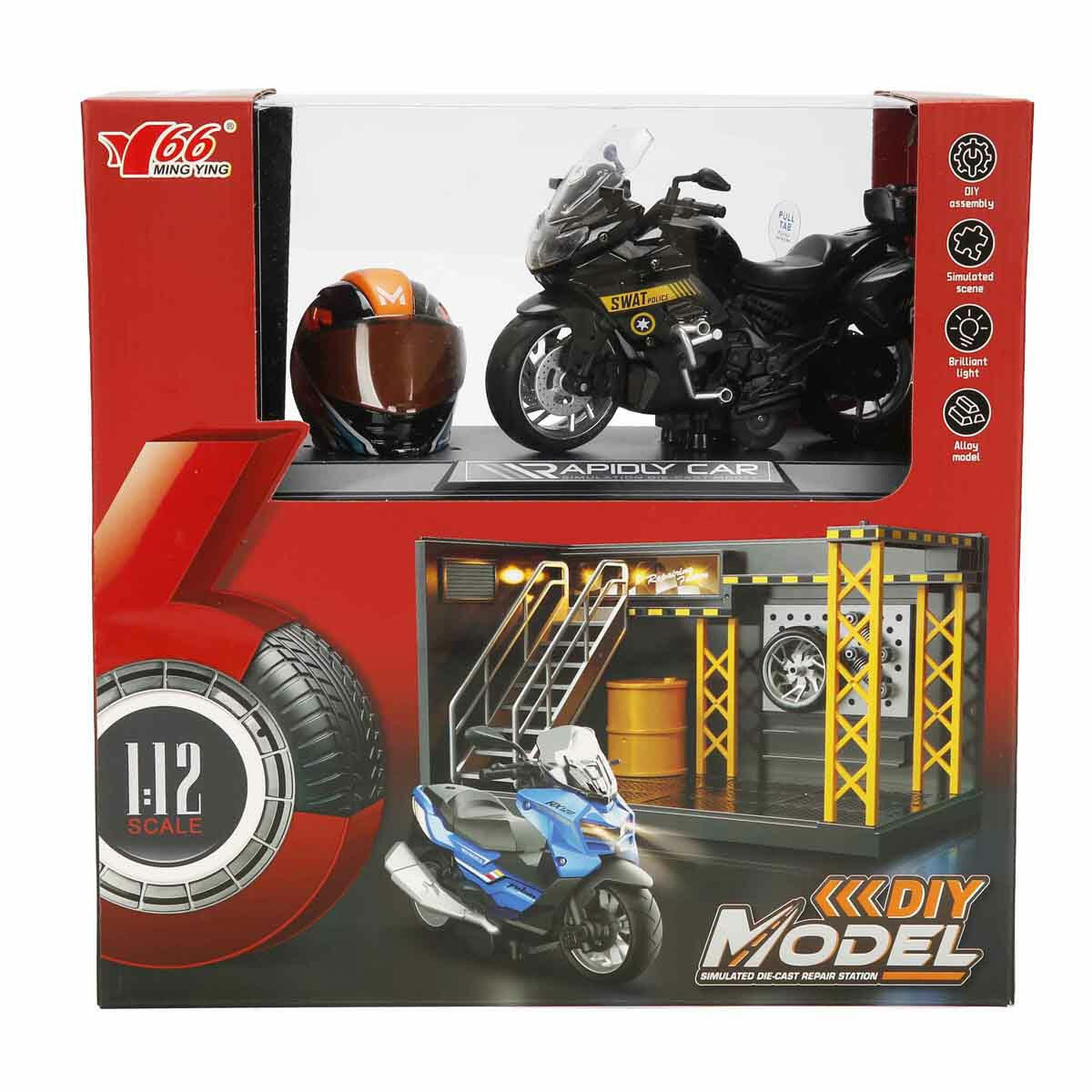 1:12 Benelli Polis Die-Cast Motosiklet ve Işıklı Tamir Atölyesi Seti | Sesli, Işıklı ve Çek-Bırak Mekanizmalı Polis Görev Seti