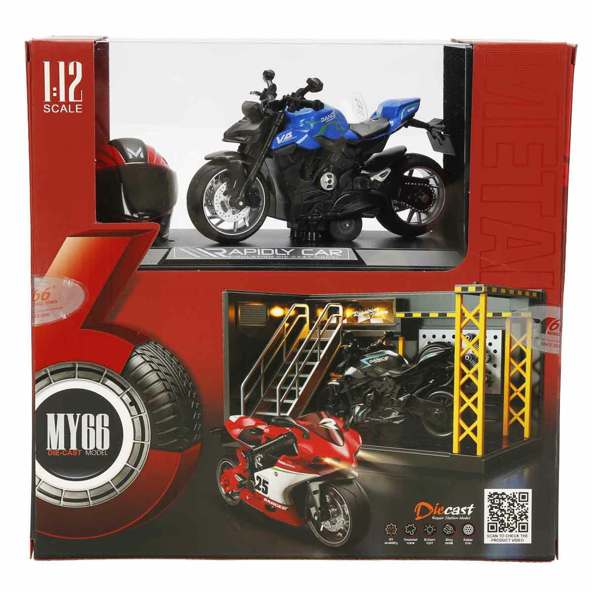 1:12 Ducati Street Fighter Die-Cast Motosiklet ve Tamir Atölyesi Seti | Sesli ve Işıklı Yarışçı Figürlü Model | Çek-Bırak Mekanizmalı Metal Koleksiyon Seti