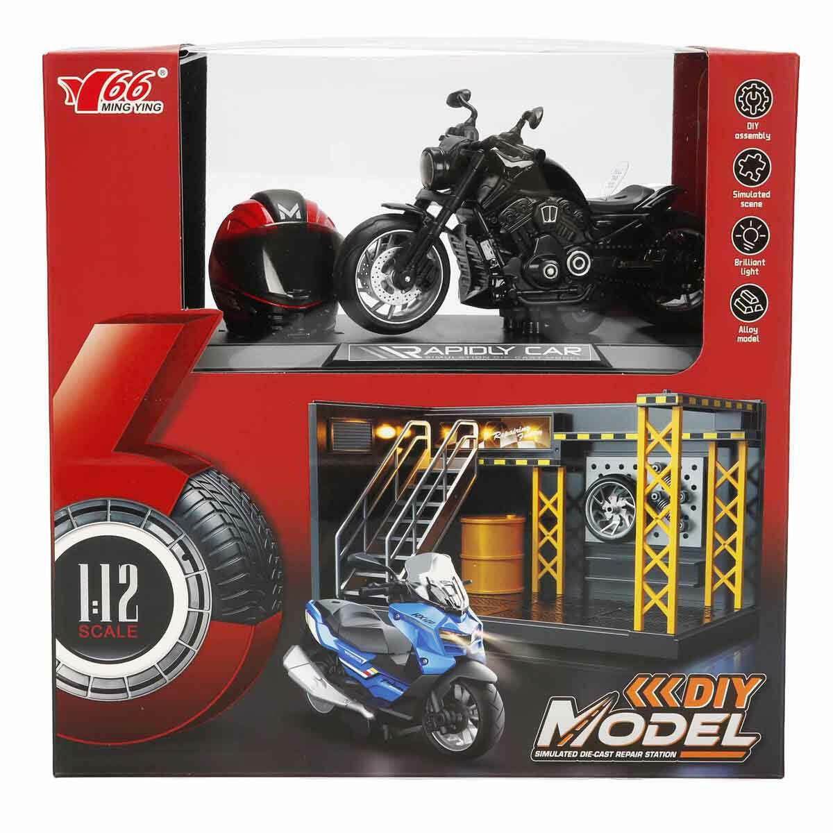 1:12 Harley Wolverine Die-Cast Motosiklet ve Tamir Atölyesi Seti | Sesli ve Işıklı Eklemli Figürlü Model | Çek-Bırak Mekanizmalı Metal Koleksiyon Aracı