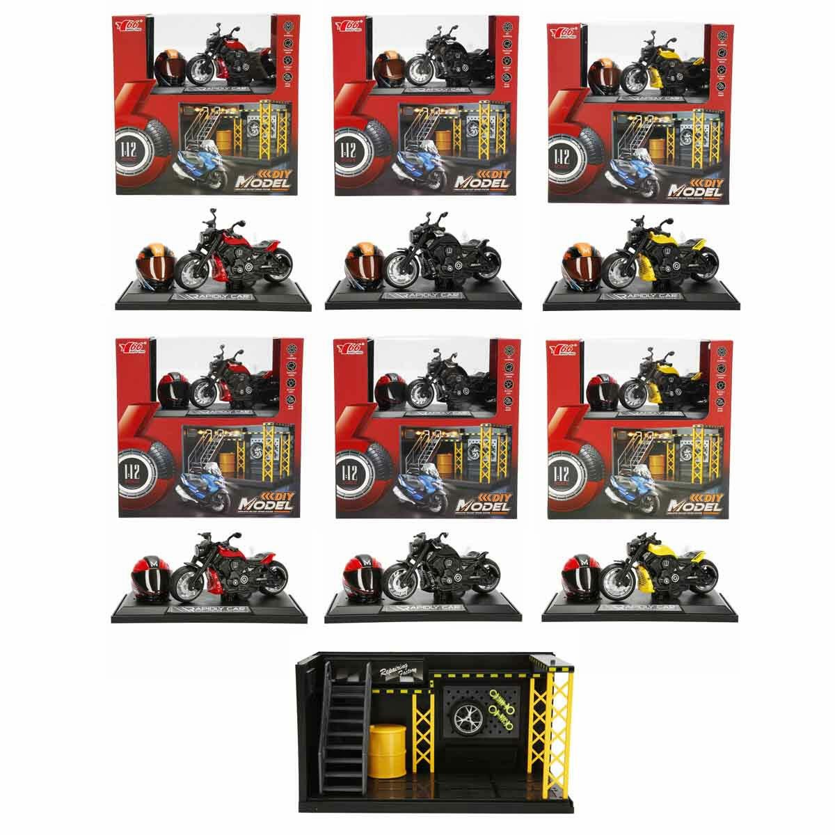 1:12 Harley Wolverine Die-Cast Motosiklet ve Tamir Atölyesi Seti | Sesli ve Işıklı Eklemli Figürlü Model | Çek-Bırak Mekanizmalı Metal Koleksiyon Aracı