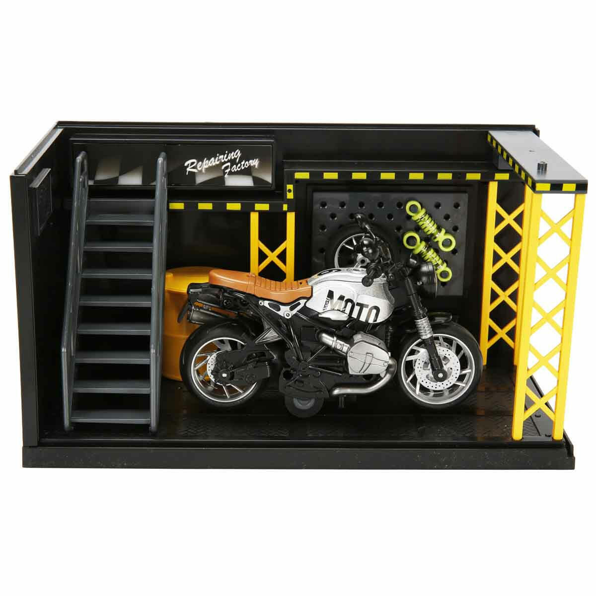 1:12 Latte Die-Cast Motosiklet ve Tamir Atölyesi Seti | Sesli ve Işıklı Yarışçı Figürlü Model | Çek-Bırak Mekanizmalı Metal Koleksiyon Aracı