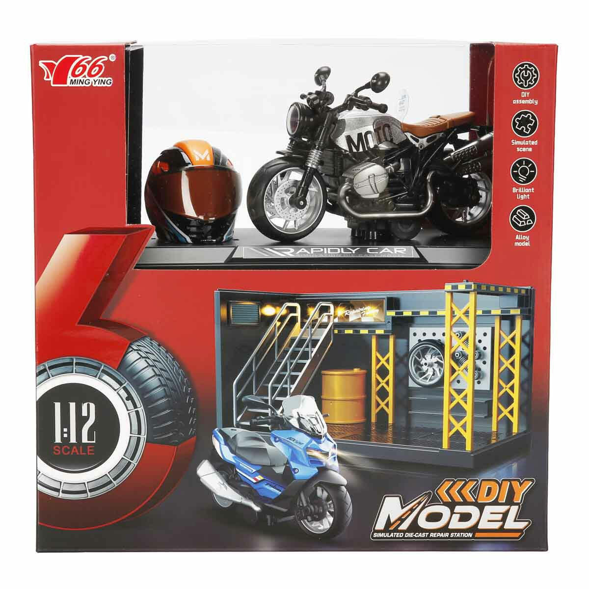 1:12 Latte Die-Cast Motosiklet ve Tamir Atölyesi Seti | Sesli ve Işıklı Yarışçı Figürlü Model | Çek-Bırak Mekanizmalı Metal Koleksiyon Aracı