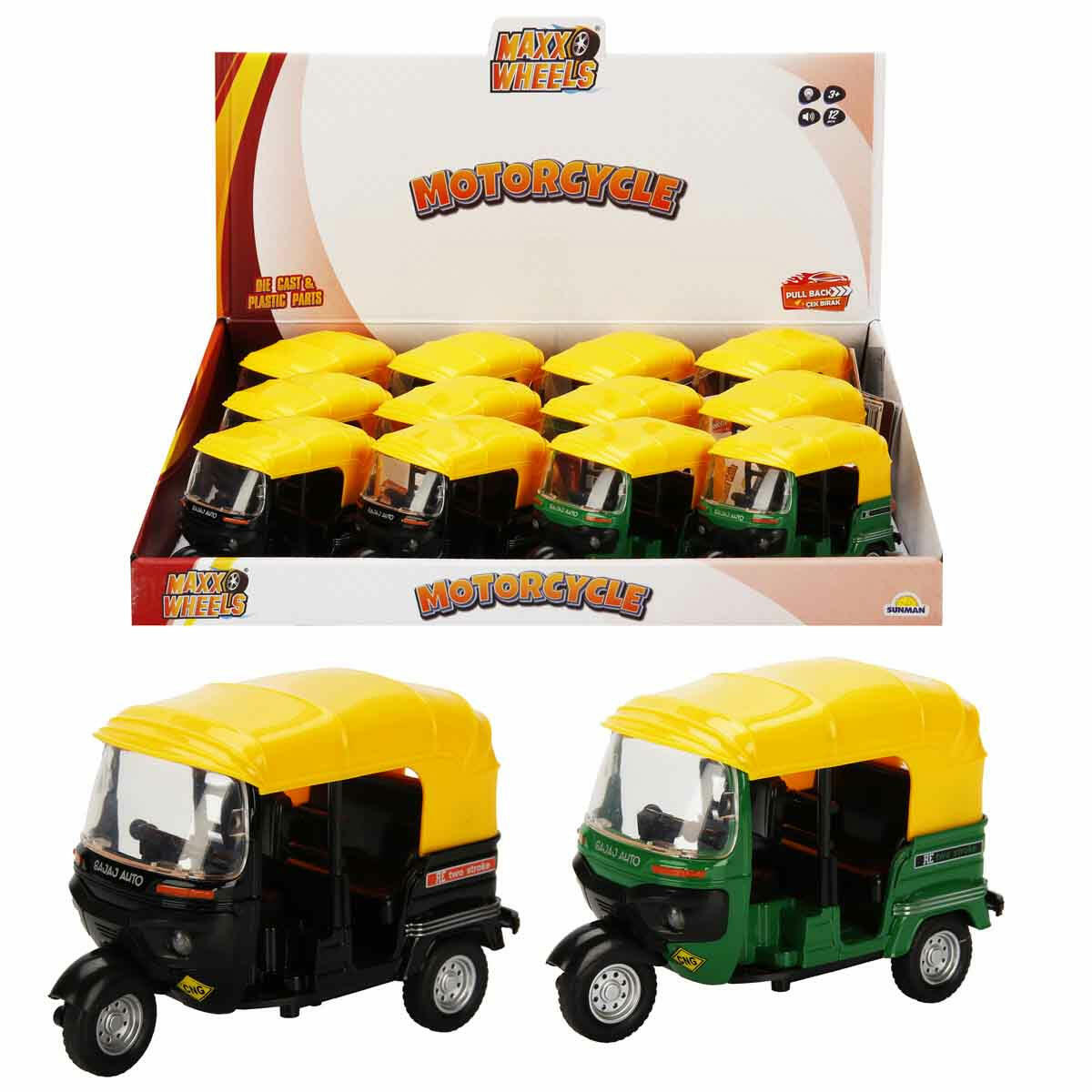 1:14 Maxx Wheels Açık Tuktuk Motosiklet Sesli ve Işıklı | Çek Bırak Mekanizmalı Klasik Motor | Işıklı ve Kornalı Oyuncak Motosiklet