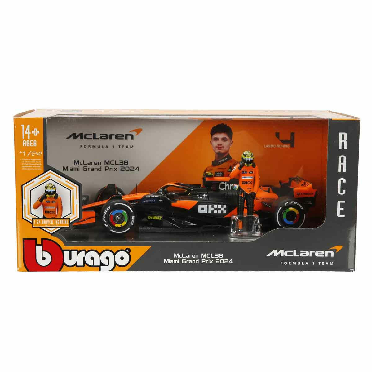 1:24 McLaren MCL38 Miami Grand Prix 2024 Figürlü Formula 1 Yarış Arabası | Lando Norris ve Oscar Piastri Özel Seri Die-Cast Model