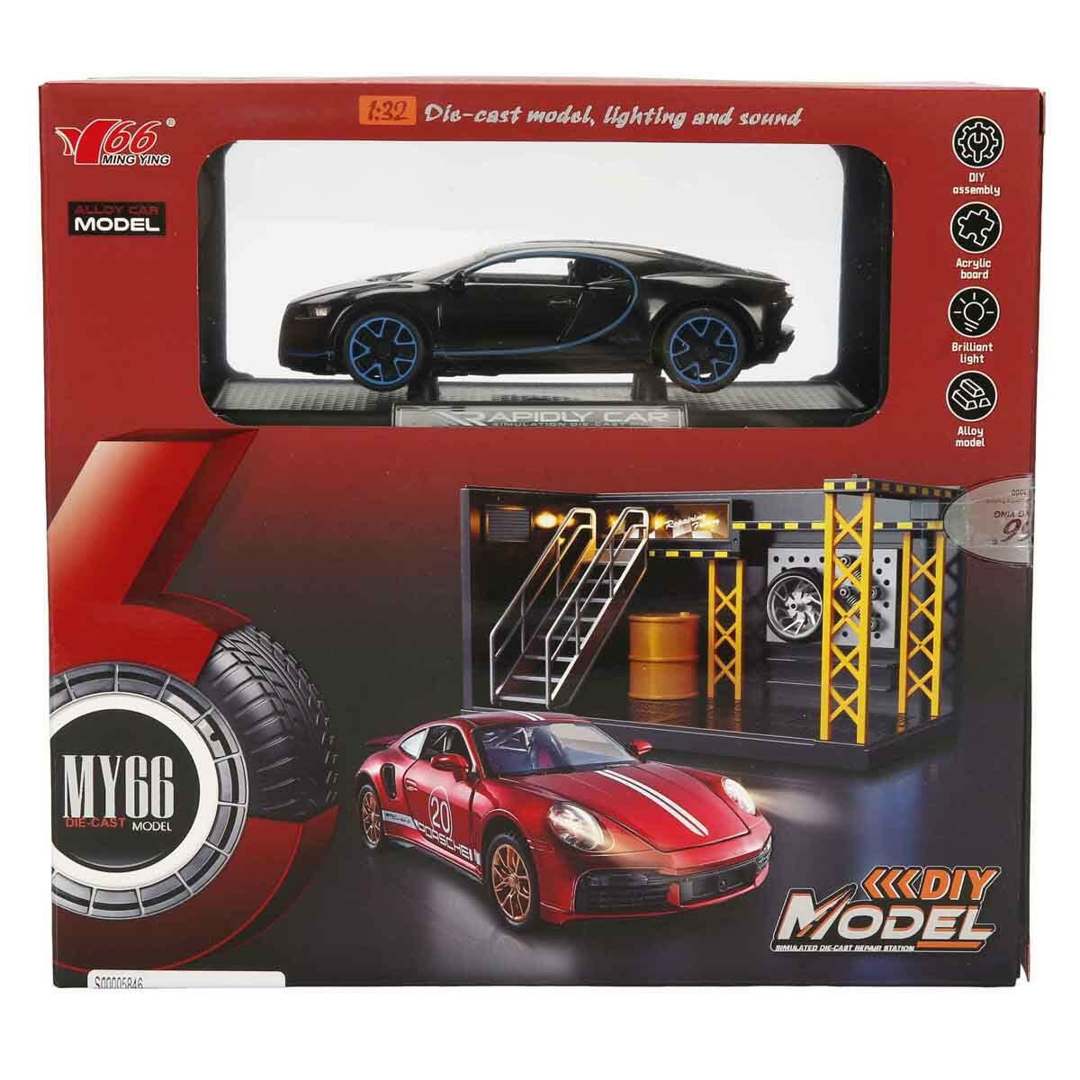 1:32 Bugatti Chiron Sesli Ve Işıklı Die-Cast Model Araba | Tamir Atölyesi Ve Teşhir Standı Seti | Çek-Bırak Metal Koleksiyon Aracı
