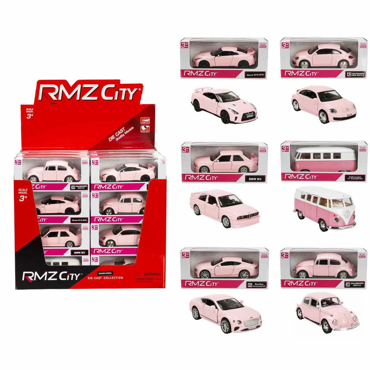 1:32 RMZ City Pembe Serisi Die Cast Model Araba | Lisanslı Metal Gövdeli Koleksiyon Arabaları | Nissan GTR, BMW M3 ve VW Beetle Pembe Özel Seri
