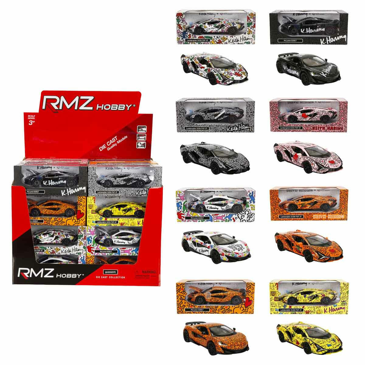 1:32 RMZ Hobby Keith Haring Serisi Model Araba | Sesli ve Işıklı Die-Cast Koleksiyon Aracı | Lisanslı Lamborghini ve McLaren Sanat Serisi