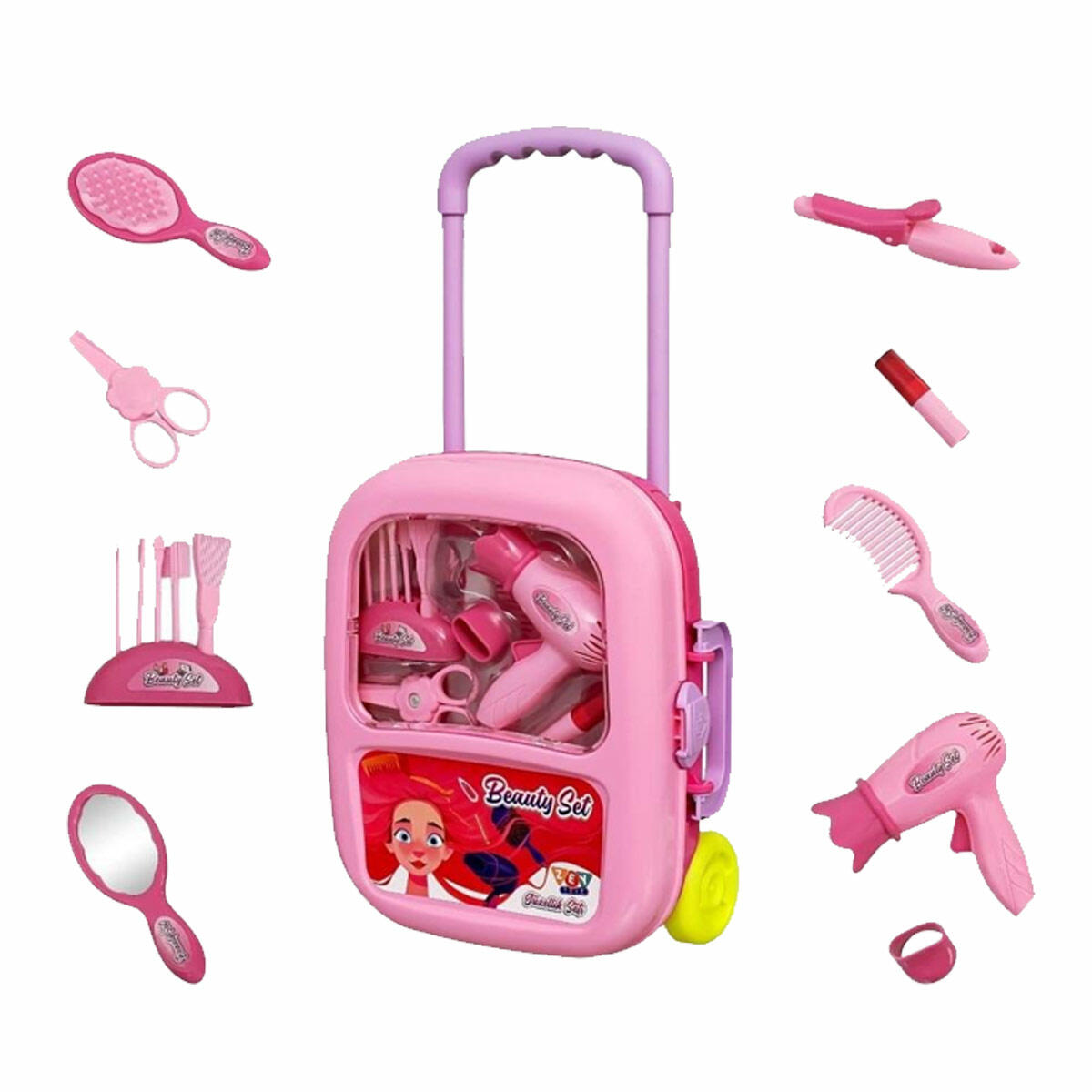 Çekçek Bavul 15 Parça Pembe Güzellik Ve Makyaj Seti | Tekerlekli Kilitli Valiz | Işıltılı Prenses Güzellik Çantası