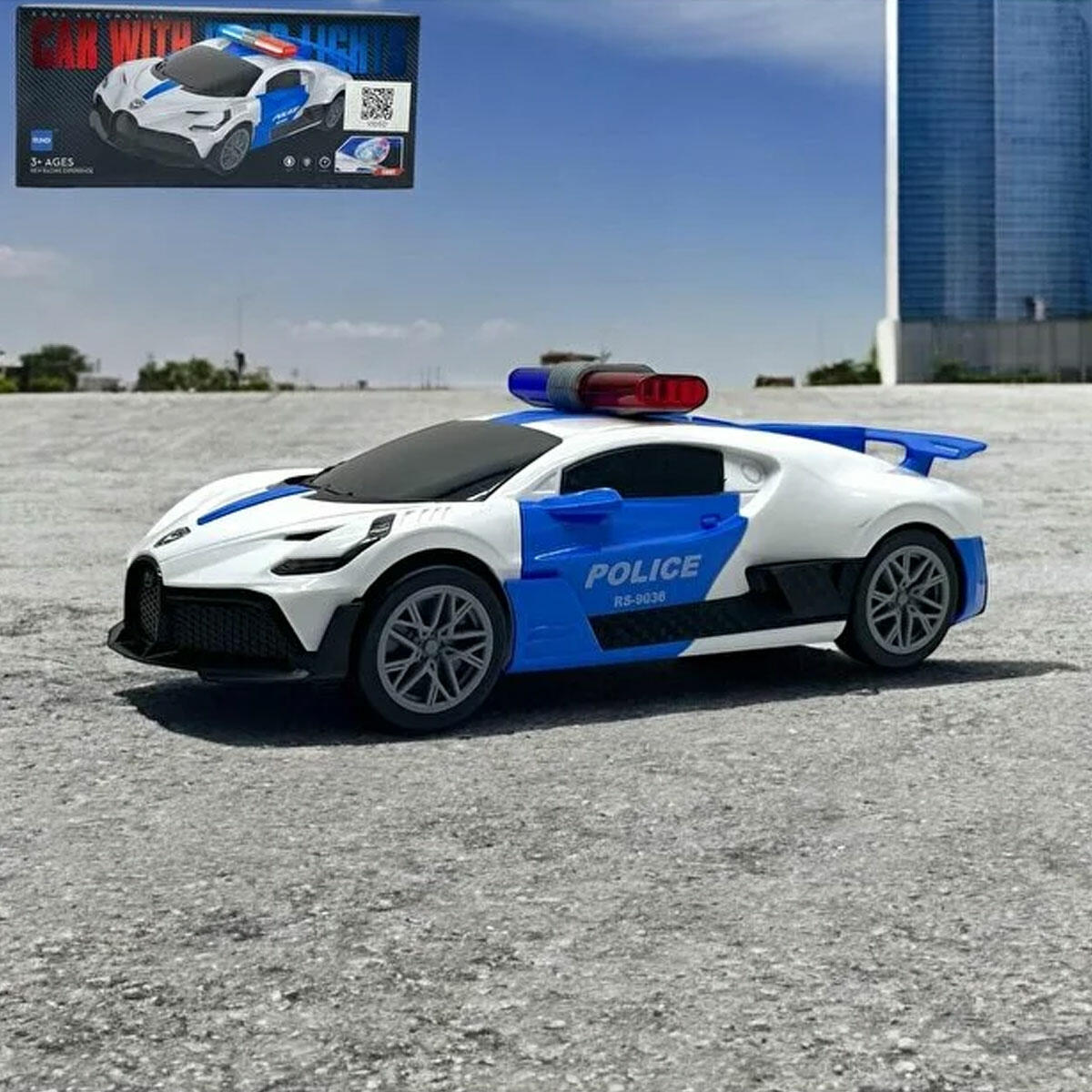 24 cm Bugatti Polis Arabası | Kapıları Otomatik Açılan Işıklı Müzikli Oyuncak | 360 Derece Dönen Projeksiyonlu Çarp-Dön Aracı