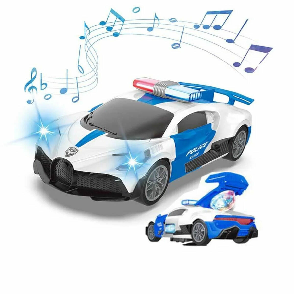 24 cm Bugatti Polis Arabası | Kapıları Otomatik Açılan Işıklı Müzikli Oyuncak | 360 Derece Dönen Projeksiyonlu Çarp-Dön Aracı