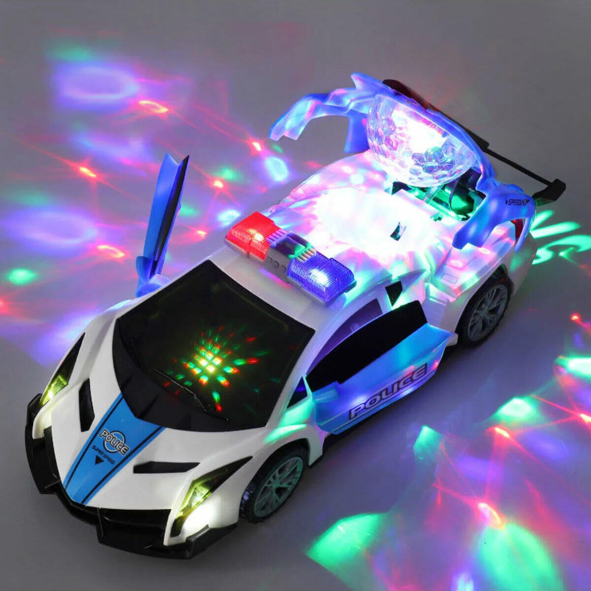 24 cm Bugatti Polis Arabası | Kapıları Otomatik Açılan Işıklı Müzikli Oyuncak | 360 Derece Dönen Projeksiyonlu Çarp-Dön Aracı
