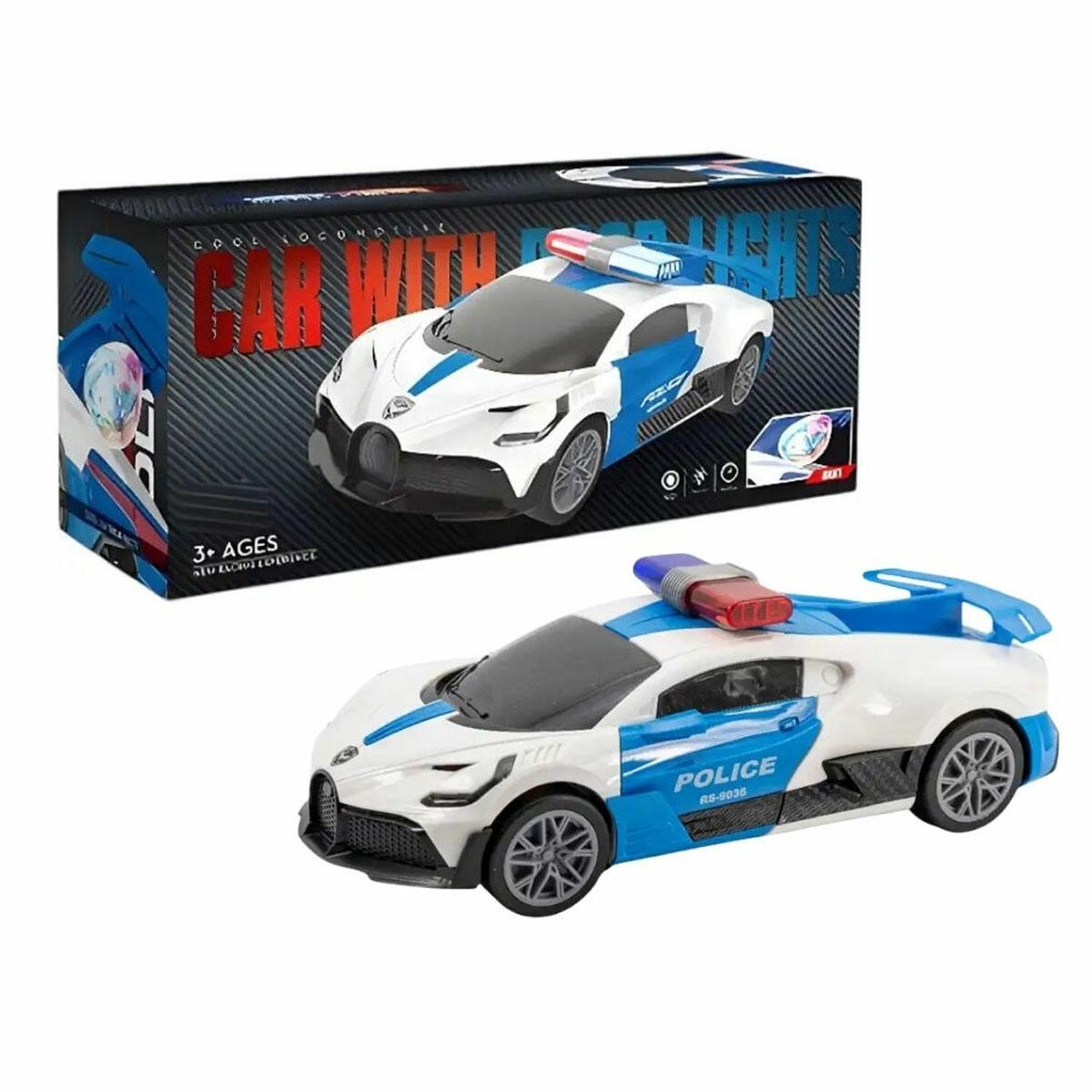 24 cm Bugatti Polis Arabası | Kapıları Otomatik Açılan Işıklı Müzikli Oyuncak | 360 Derece Dönen Projeksiyonlu Çarp-Dön Aracı