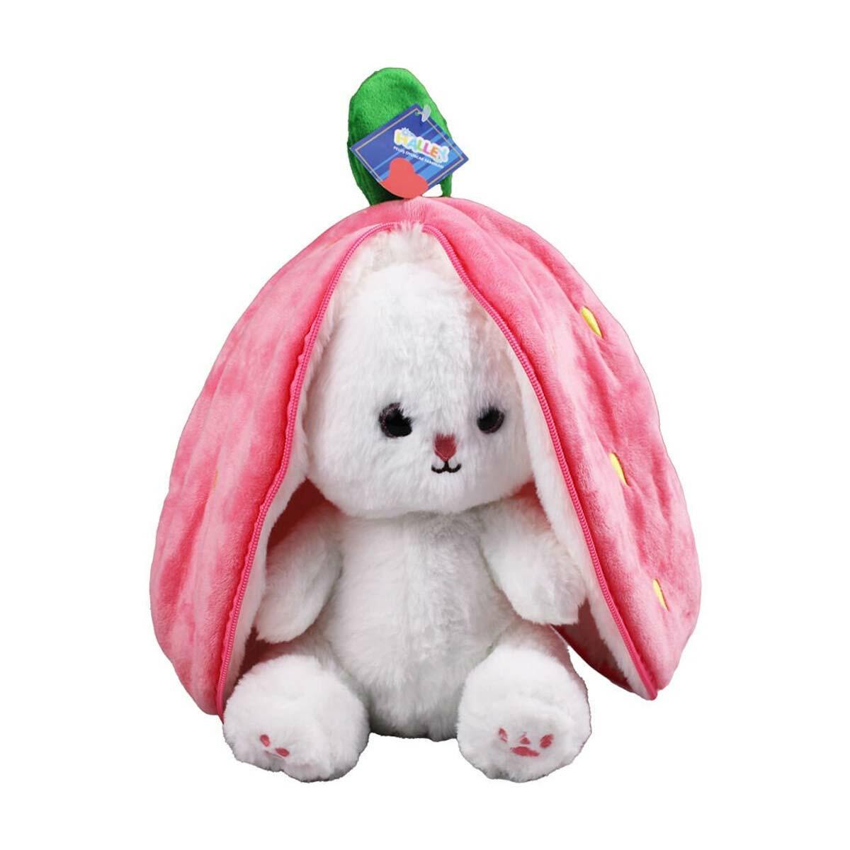 30 cm. Çilekten Dönüşebilen Tavşan Peluş | 2'si 1 Arada Fermuarlı Yastık Tavşan | Dekoratif Sürprizli Pelüş Oyuncak
