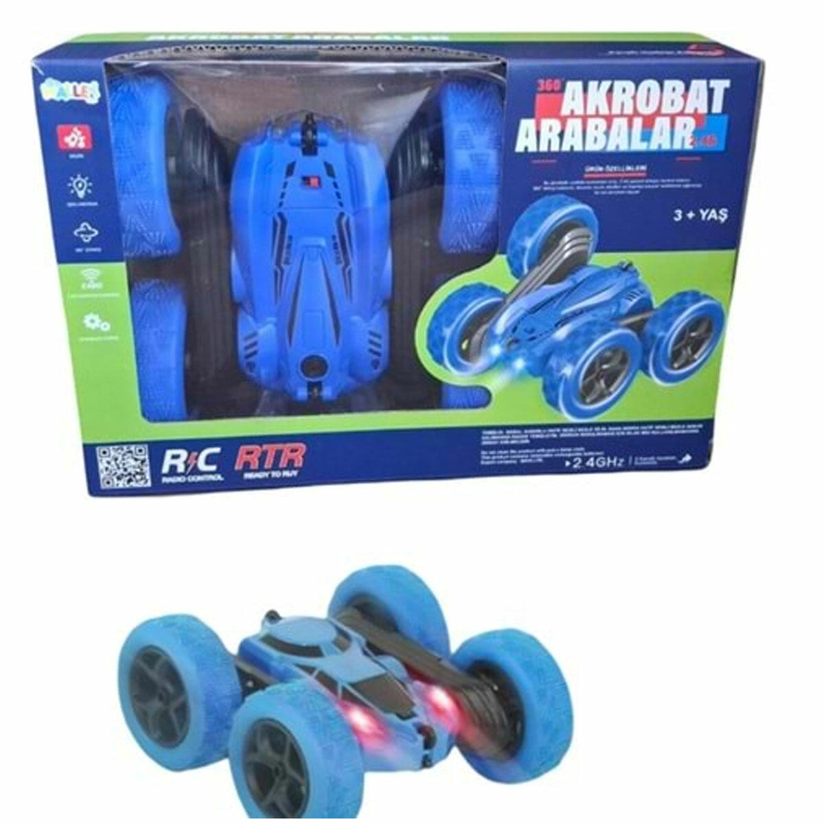 Uzaktan Kumandalı 4 Çeker 360 Derece Dönen Akrobat Araba | 2.4G Çift Taraflı Sürülebilen Işıklı ve Müzikli Stunt Aracı | Tek Tuşla Demo Özellikli Arazi Arabası