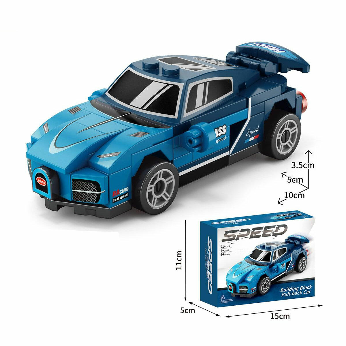 64 Parça Blok Bugatti Araba Yapım Seti | Çek Bırak Mekanizmalı Spor Araç | Lego Uyumlu Eğitici Blok Oyuncak Seti