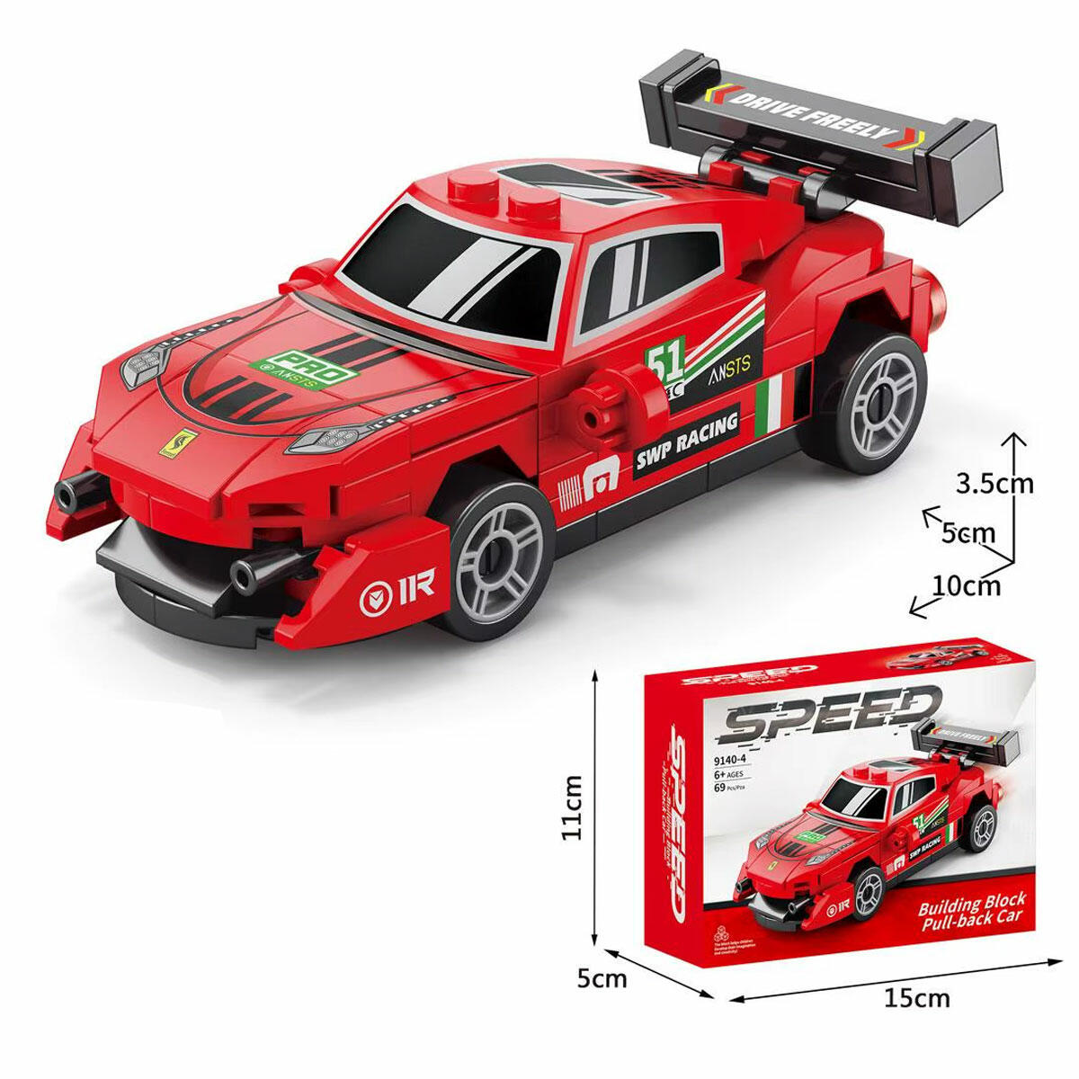 69 Parça Blok Ferrari Araba Yapım Seti | Çek Bırak Mekanizmalı Spor Araç | Lego Uyumlu Eğitici ve Yaratıcı Blok Oyuncak Seti