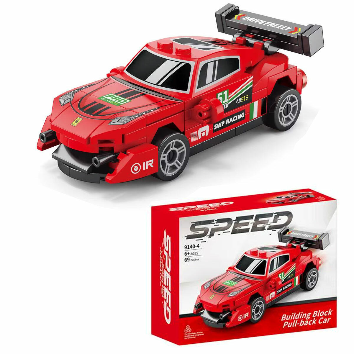 69 Parça Blok Ferrari Araba Yapım Seti | Çek Bırak Mekanizmalı Spor Araç | Lego Uyumlu Eğitici ve Yaratıcı Blok Oyuncak Seti