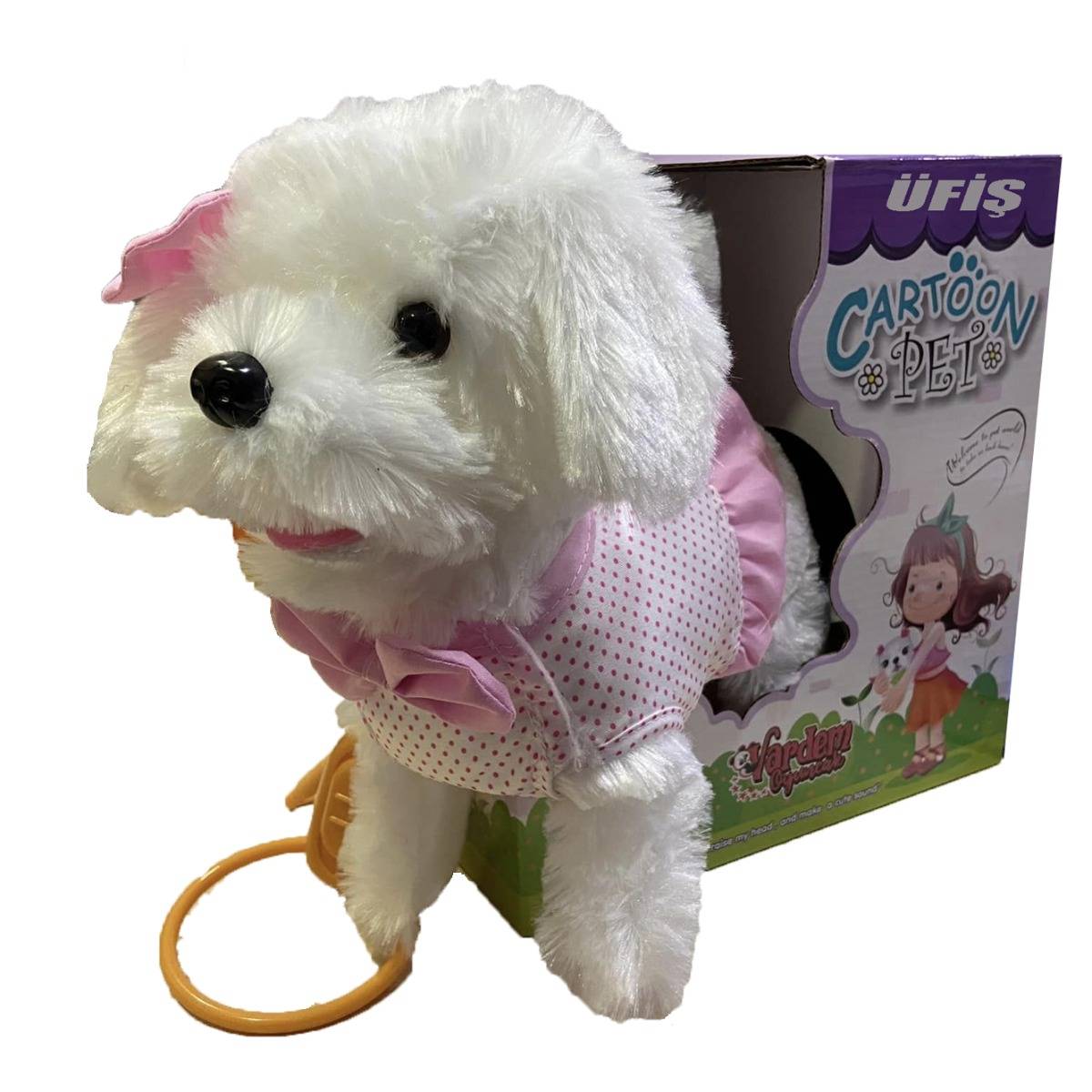 Peluş Tasmalı Yürüyen Pembe Fiyonklu Köpek