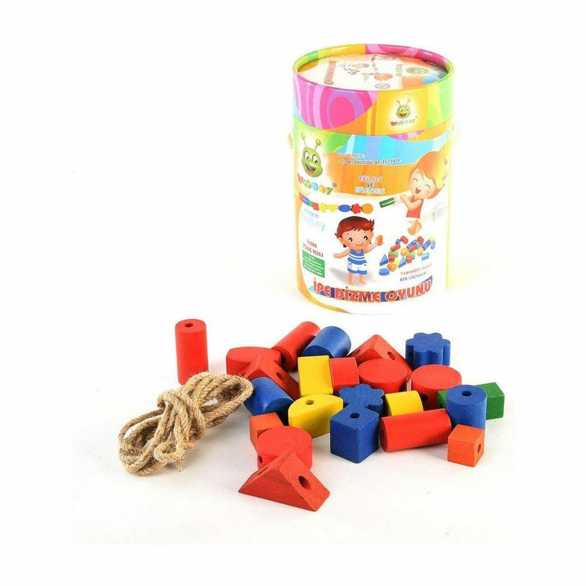 Woodoy Ahşap 50 Parça İpe Dizme Oyunu | Eğitici Koordinasyon Seti | Sağlığa Uygun Doğal Ahşap Bloklar