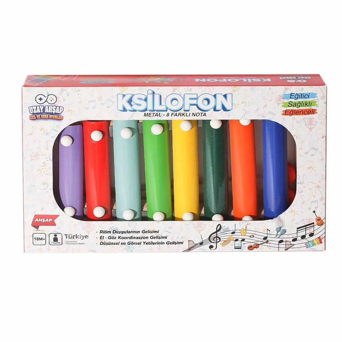 Ahşap Ksilofon 8 Notalı | Ritim ve El-Göz Koordinasyonunu Geliştiren Metal Plakalı Müzik Aleti