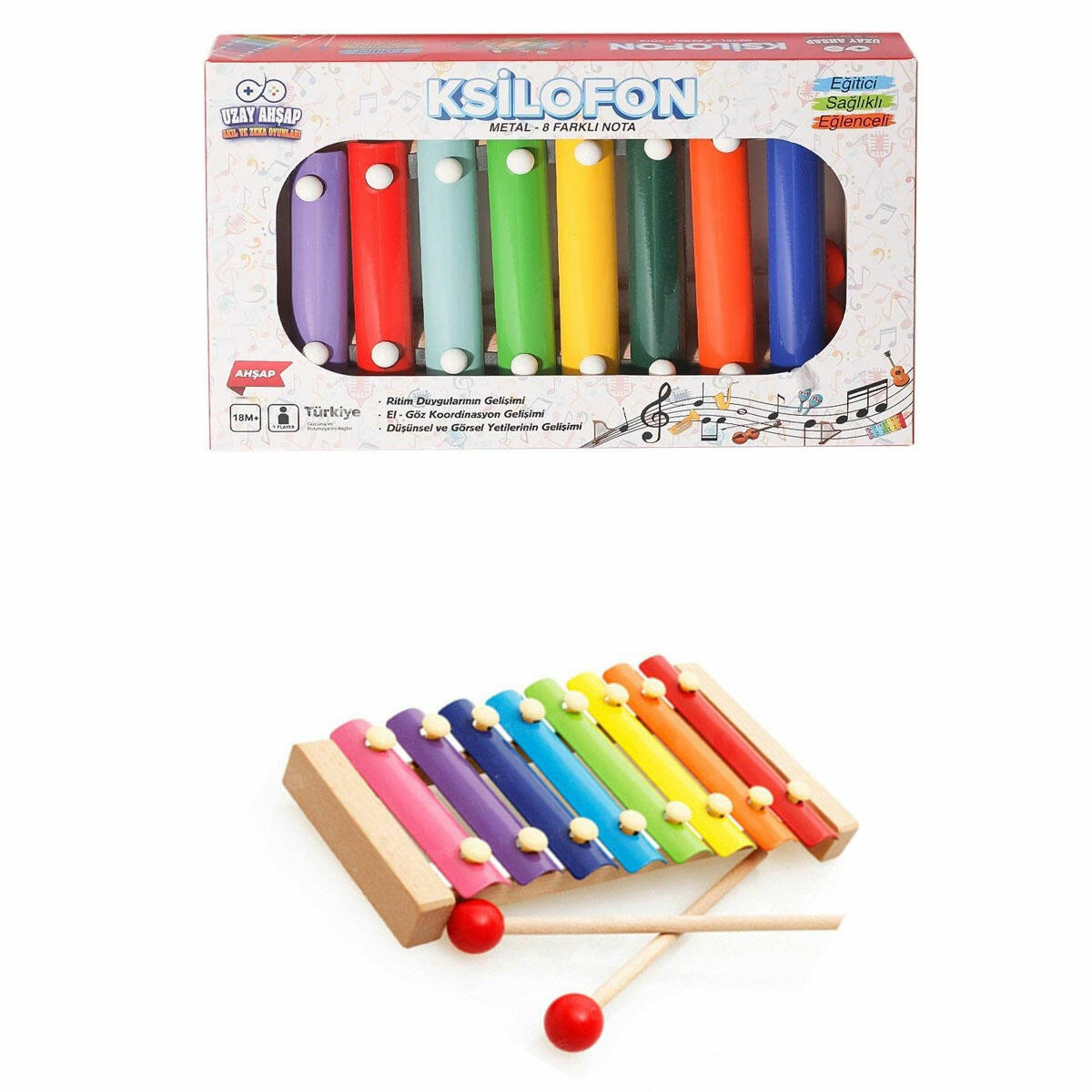 Ahşap Ksilofon 8 Notalı | Ritim ve El-Göz Koordinasyonunu Geliştiren Metal Plakalı Müzik Aleti