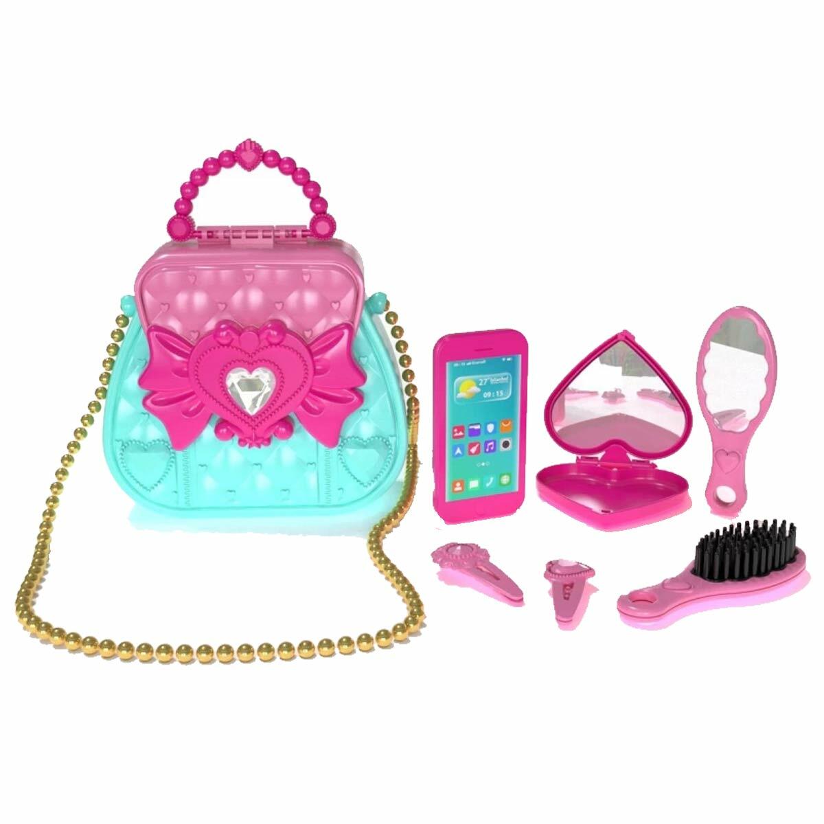 Aksesuarlı Oyuncak Güzellik Çantası | Taşlı Ve Zincirli Çocuk Aksesuar Seti | Aynalı Ve Telefonlu Eğitici Evcilik Seti