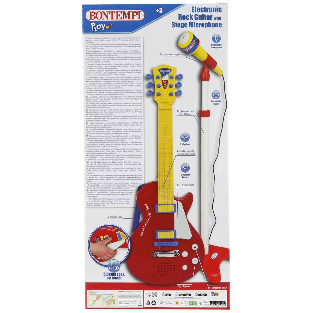 Ayaklı Mikrofonlu Kırmızı Elektronik Çocuk Rock Gitarı | Bontempi 55 CM | Gerçek Telli Sesli Ve Işıklı Konser Seti