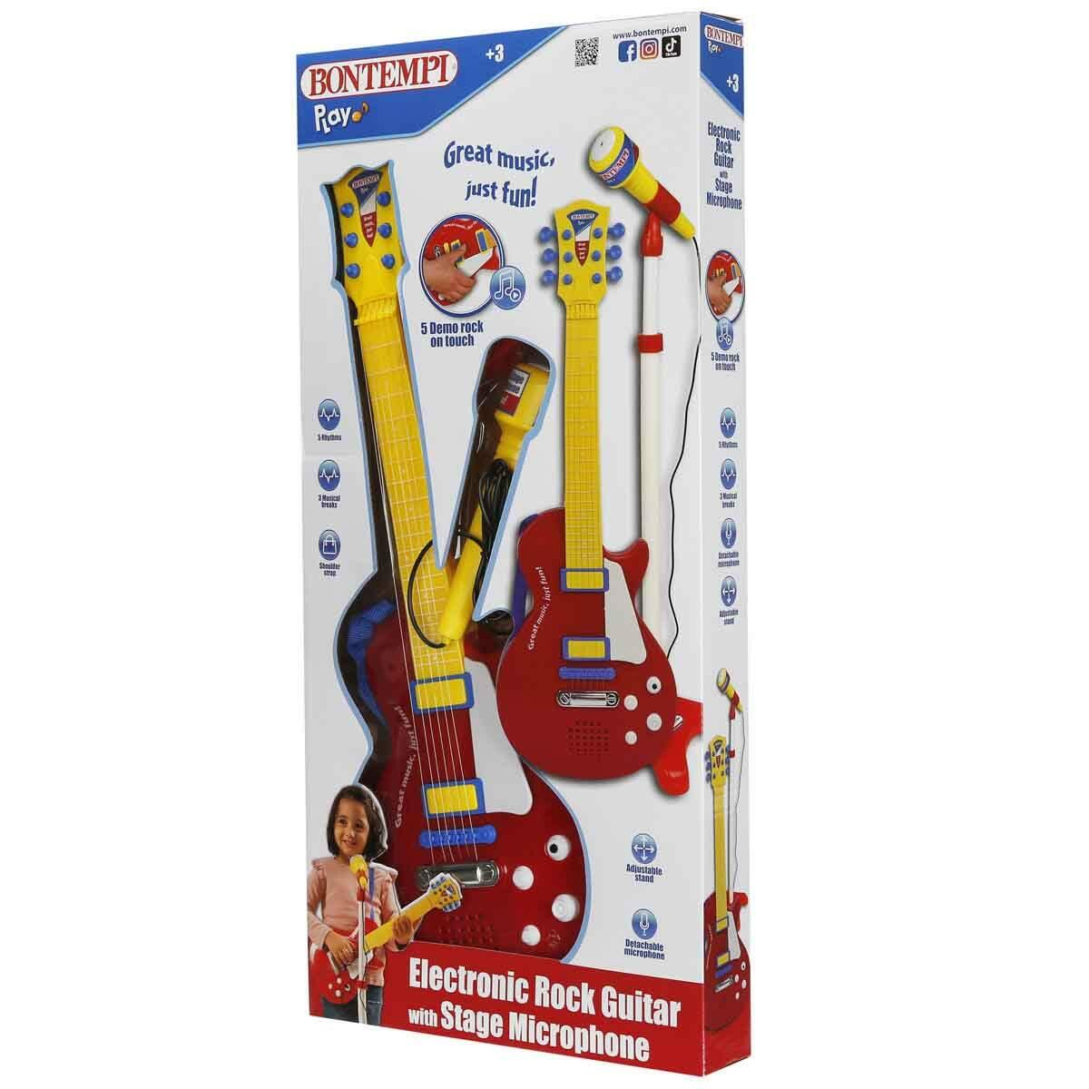 Ayaklı Mikrofonlu Kırmızı Elektronik Çocuk Rock Gitarı | Bontempi 55 CM | Gerçek Telli Sesli Ve Işıklı Konser Seti