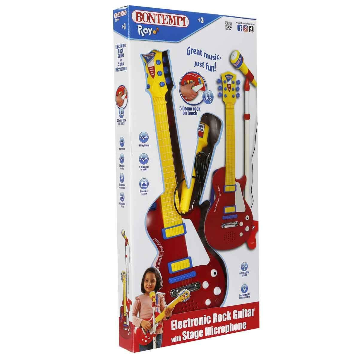 Ayaklı Mikrofonlu Kırmızı Elektronik Çocuk Rock Gitarı | Bontempi 55 CM | Gerçek Telli Sesli Ve Işıklı Konser Seti