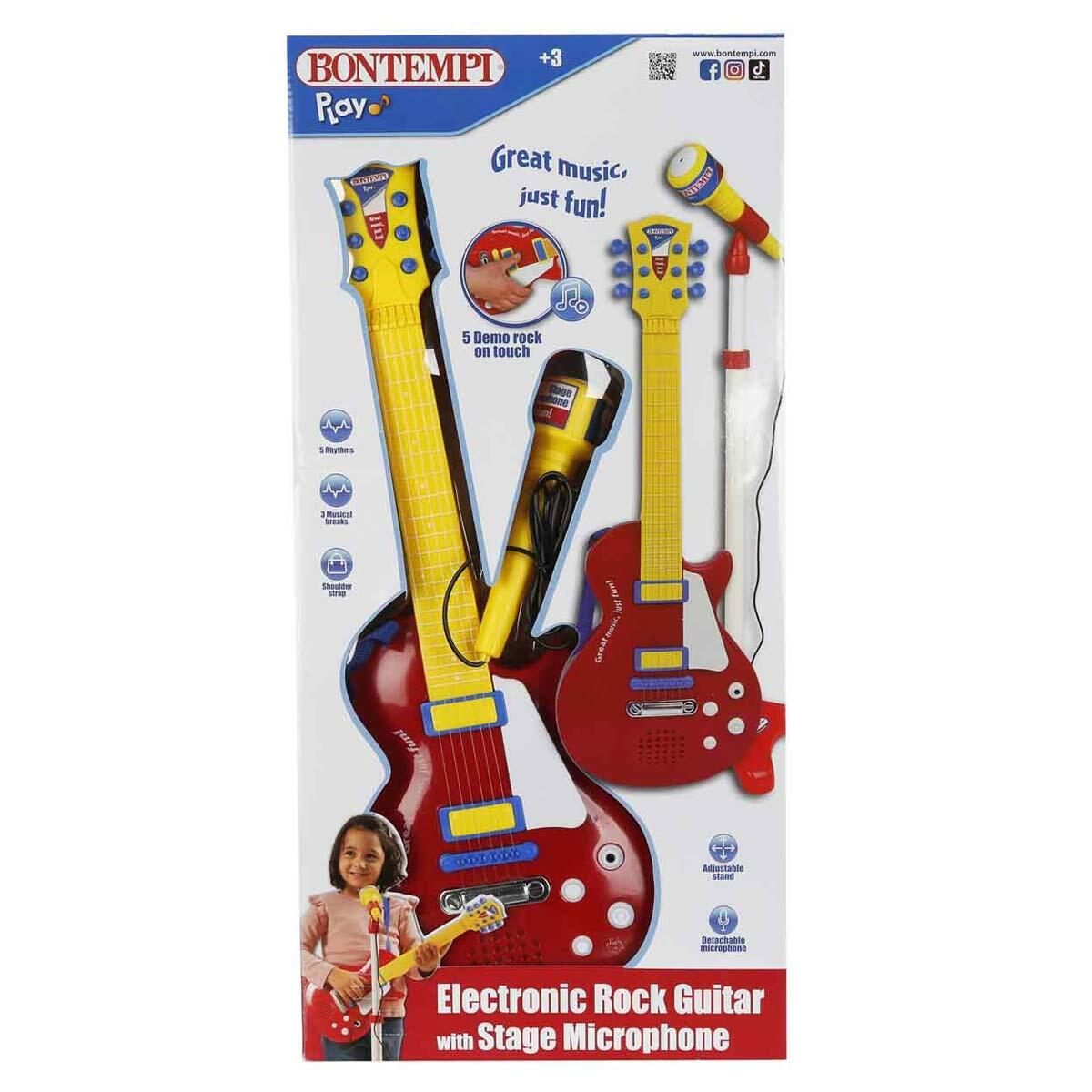 Ayaklı Mikrofonlu Kırmızı Elektronik Çocuk Rock Gitarı | Bontempi 55 CM | Gerçek Telli Sesli Ve Işıklı Konser Seti