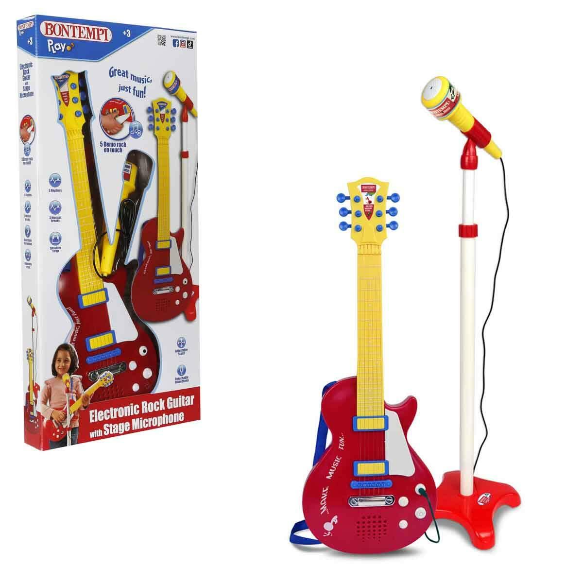 Ayaklı Mikrofonlu Kırmızı Elektronik Çocuk Rock Gitarı | Bontempi 55 CM | Gerçek Telli Sesli Ve Işıklı Konser Seti