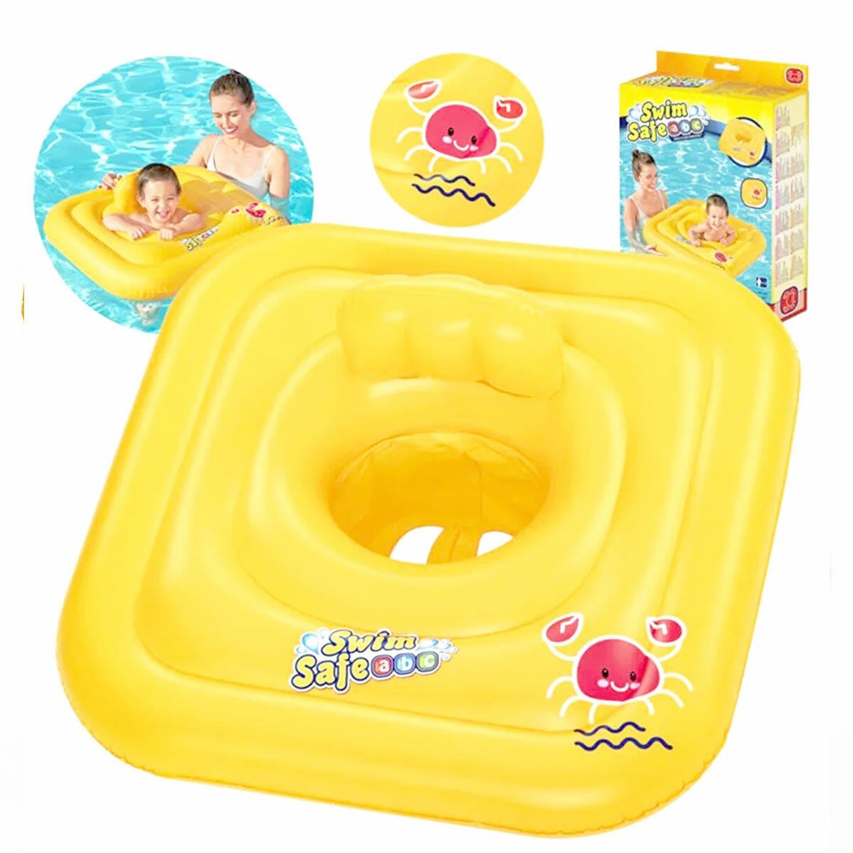 Swim Safe ABC™ WonderSplash™ Bebek Kare Deniz Simidi 76x76 cm | Üçlü Hava Çemberli Güvenli Bebek Binici | A-Model İlk Yüzme Eğitimi Simidi