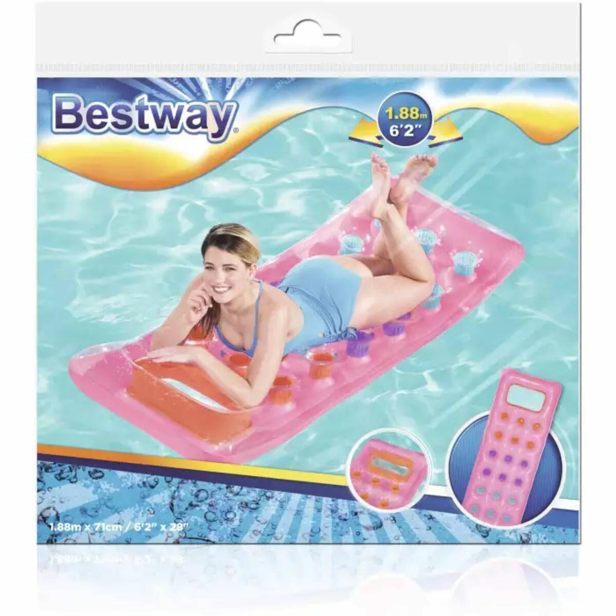 Bestway® Bardaklı Deniz ve Havuz Yatağı | 177x63 cm | UV 50+ Korumalı ve Yastıklı Lüks Deniz Şezlongu