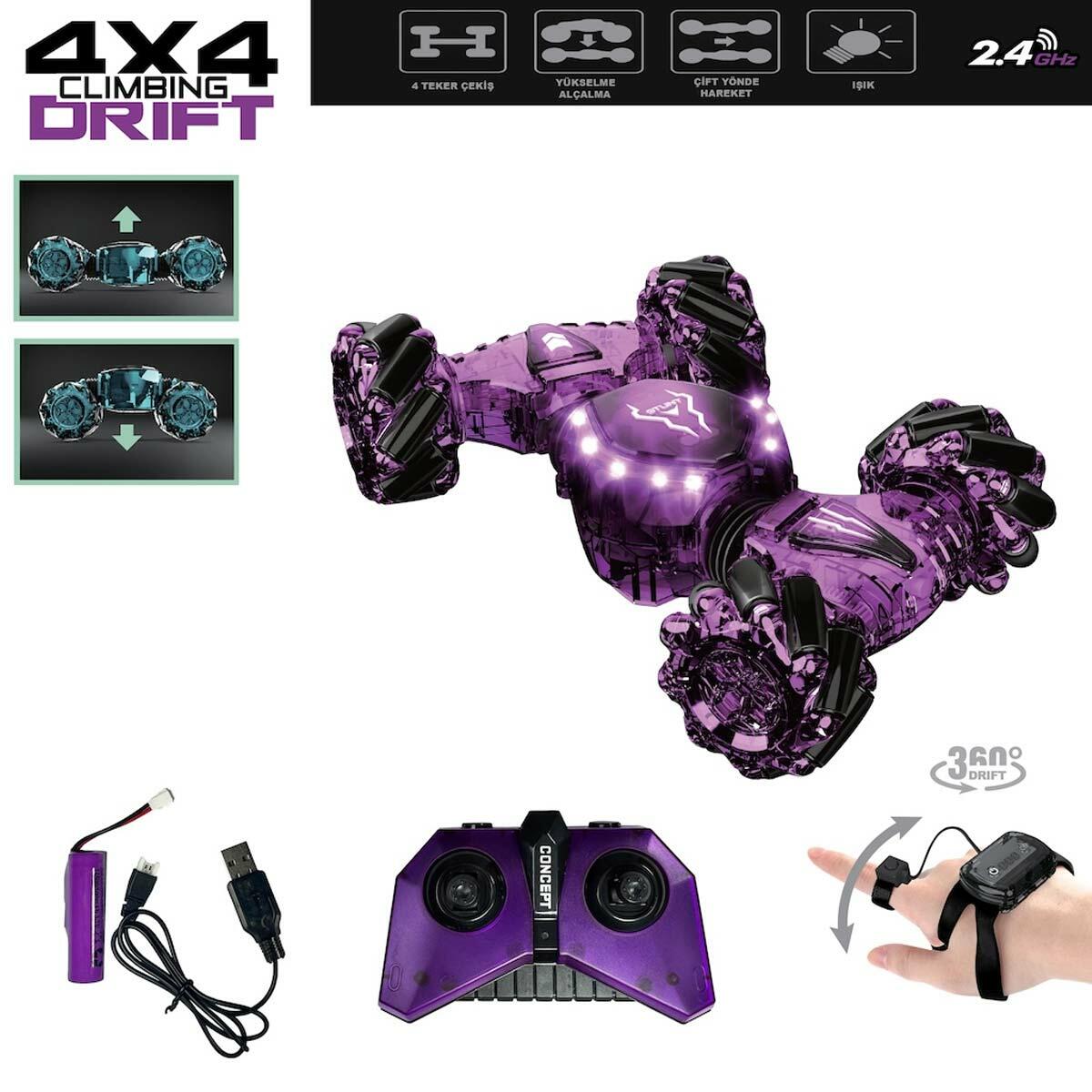 Bilekten Kontrol Uzaktan Kumandalı 4x4 Drift Araba | Şeffaf Işıklı Şarjlı Yarış Aracı | Hareket Sensörlü Akıllı Oyuncak