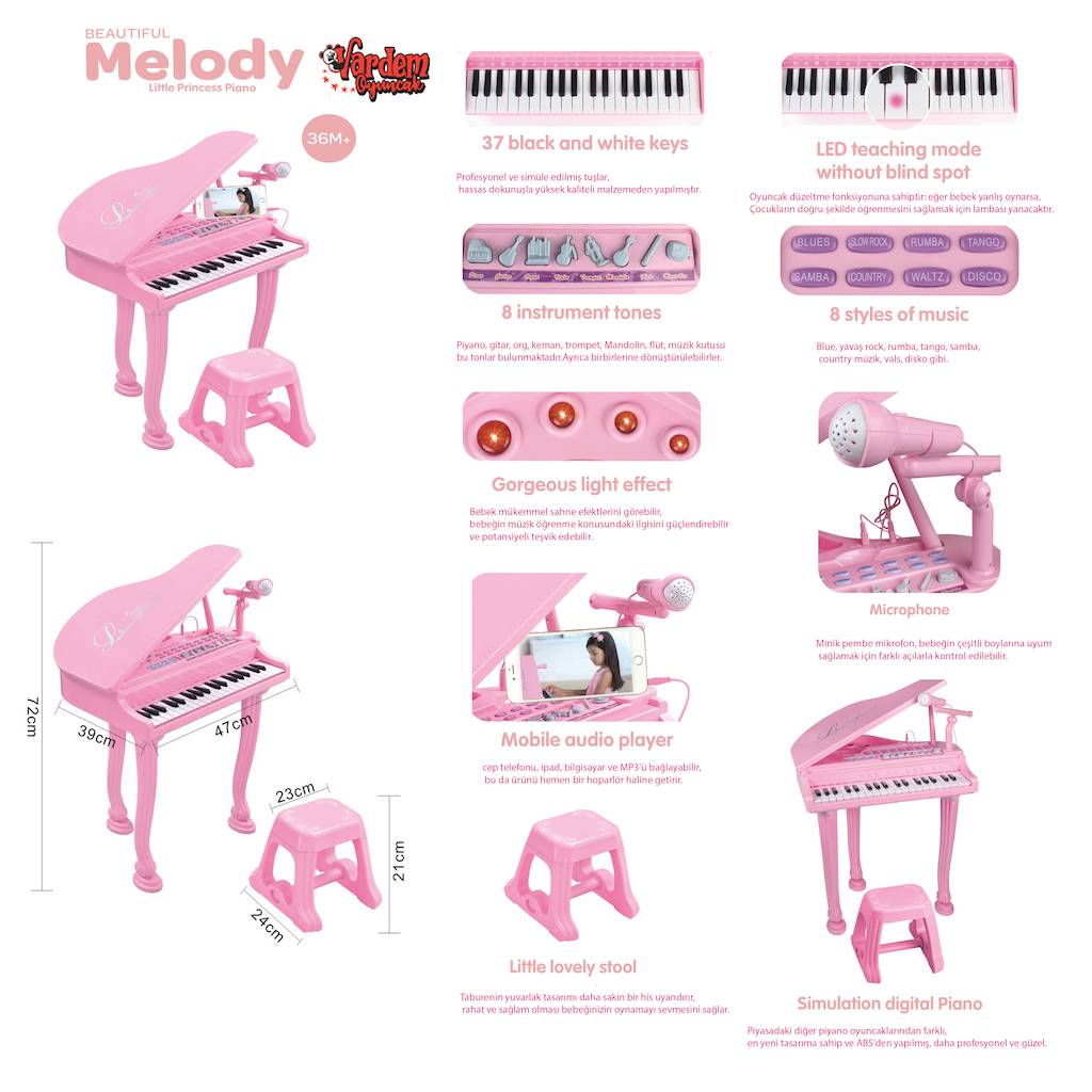 Mikrofonlu 37 Tuşlu Mp3 Çalar Büyük Pembe Piyano