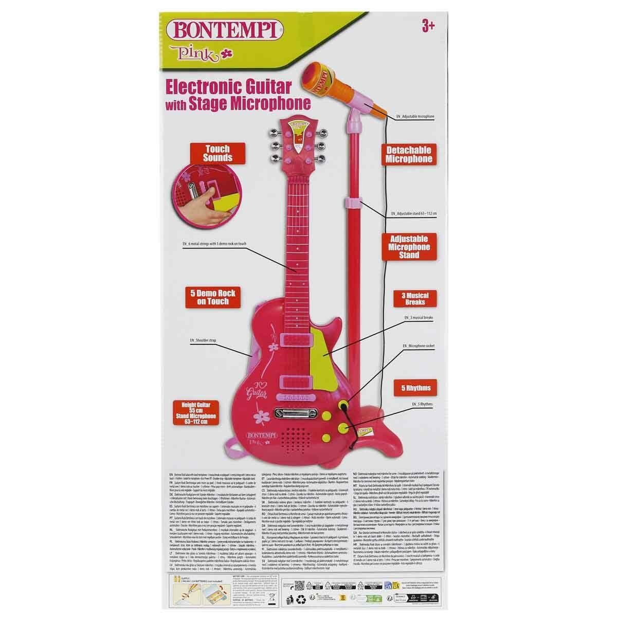 Bontempi Ayaklı Mikrofonlu Pembe Rock Gitarı | 55 CM | Işıklı Ve Sesli Kız Çocuk Gitar Seti