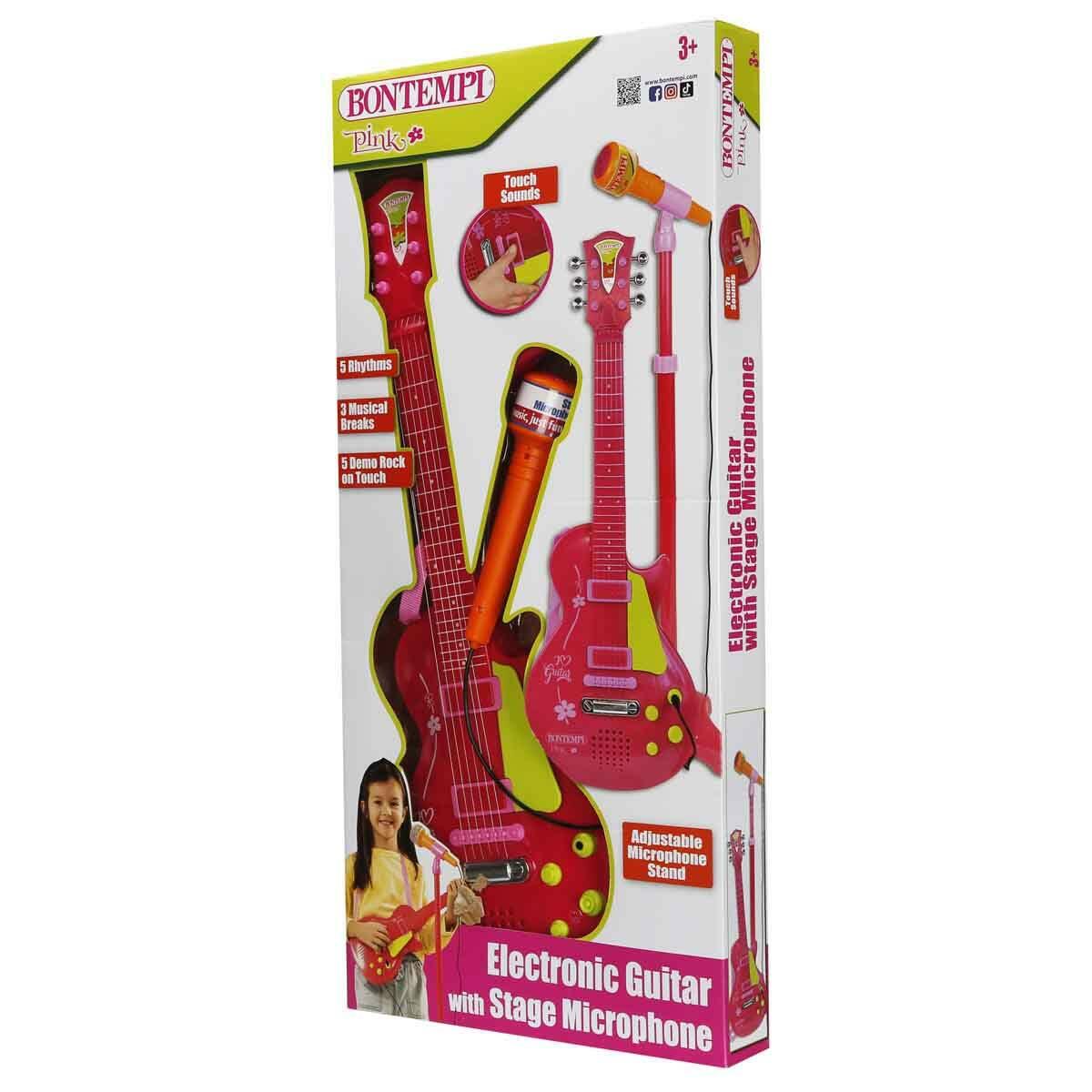 Bontempi Ayaklı Mikrofonlu Pembe Rock Gitarı | 55 CM | Işıklı Ve Sesli Kız Çocuk Gitar Seti