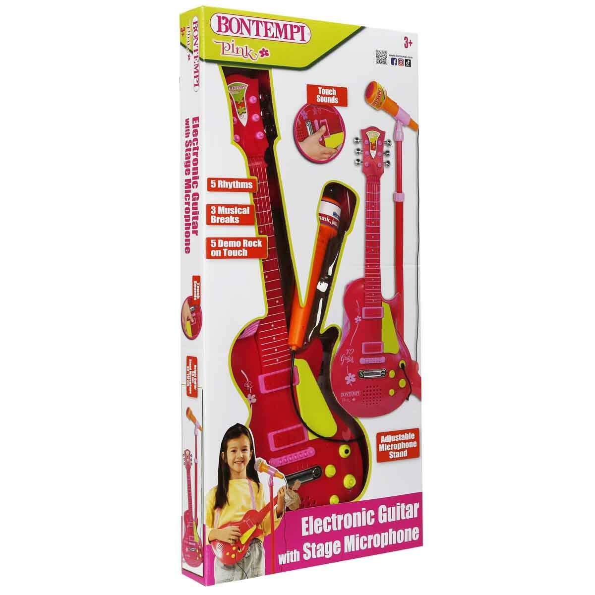 Bontempi Ayaklı Mikrofonlu Pembe Rock Gitarı | 55 CM | Işıklı Ve Sesli Kız Çocuk Gitar Seti