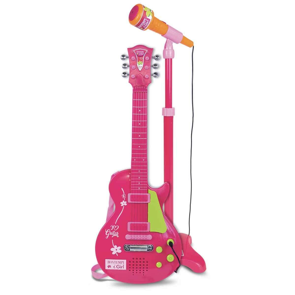 Bontempi Ayaklı Mikrofonlu Pembe Rock Gitarı | 55 CM | Işıklı Ve Sesli Kız Çocuk Gitar Seti