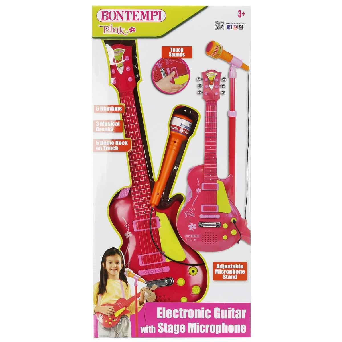 Bontempi Ayaklı Mikrofonlu Pembe Rock Gitarı | 55 CM | Işıklı Ve Sesli Kız Çocuk Gitar Seti