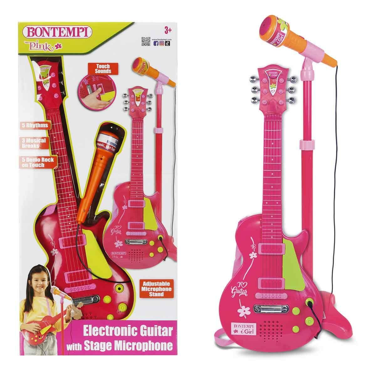 Bontempi Ayaklı Mikrofonlu Pembe Rock Gitarı | 55 CM | Işıklı Ve Sesli Kız Çocuk Gitar Seti