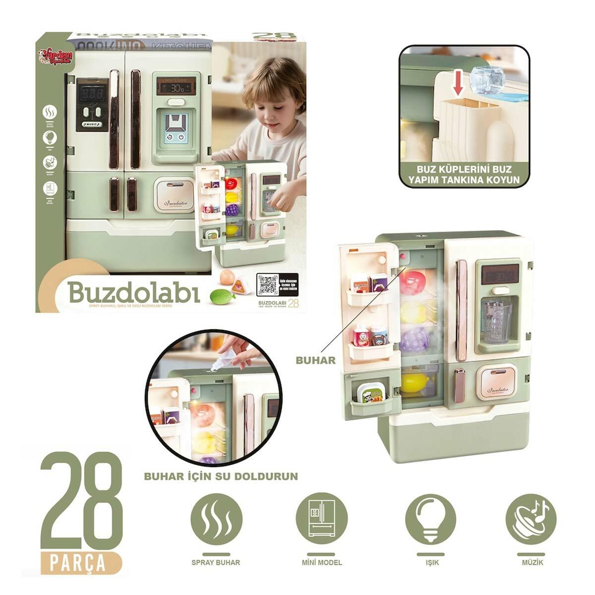 Işıklı ve Müzikli Buhar Çıkaran Buzdolabı | 28 Parça Aksesuar | Gerçekçi Buhar Efekti | Feyza Oyuncak