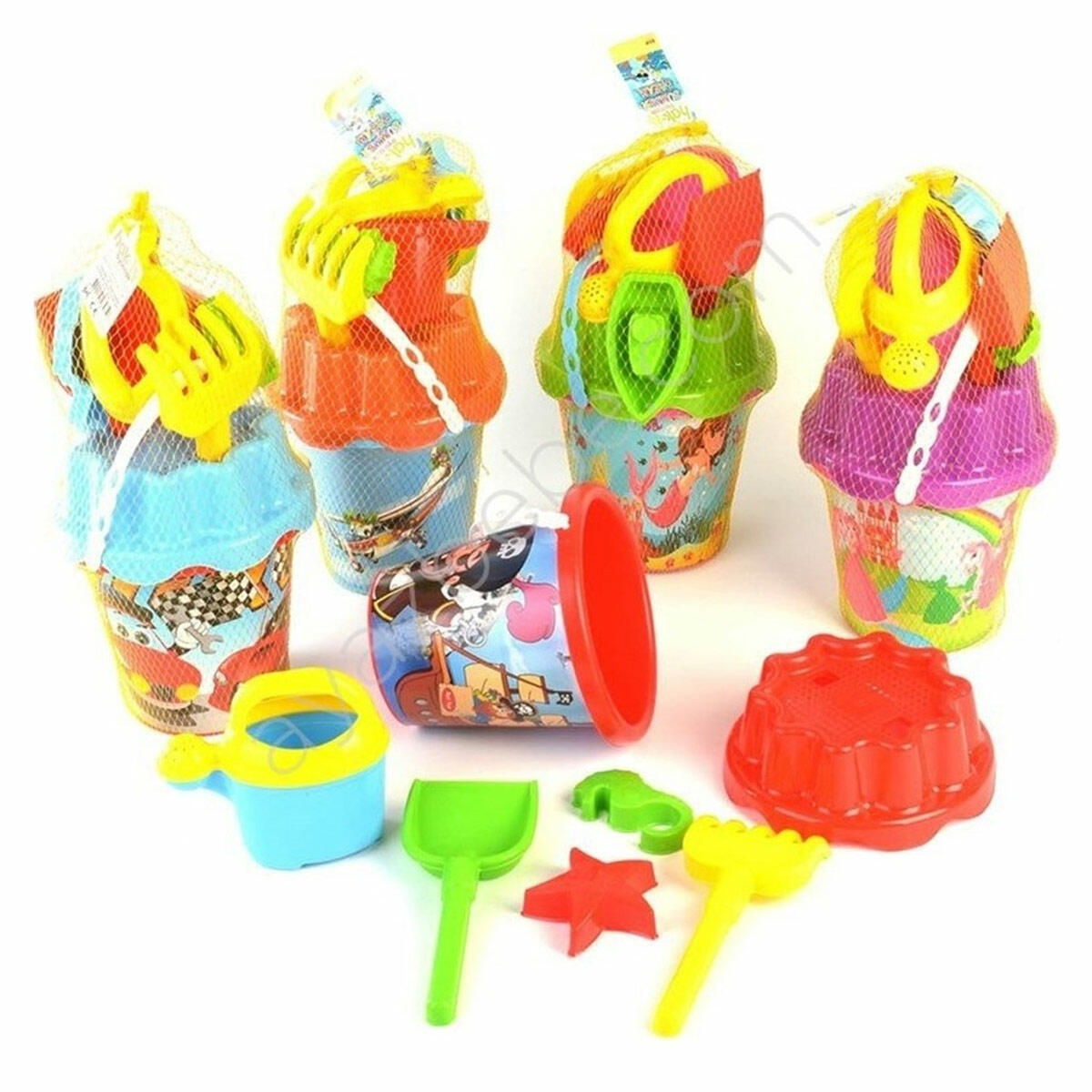 Büyük Resimli Yuvarlak Full Kova Seti | Aksesuarlı Plaj Ve Kum Oyuncakları | Süzgeçli Kapaklı Büyük Boy Kum Seti