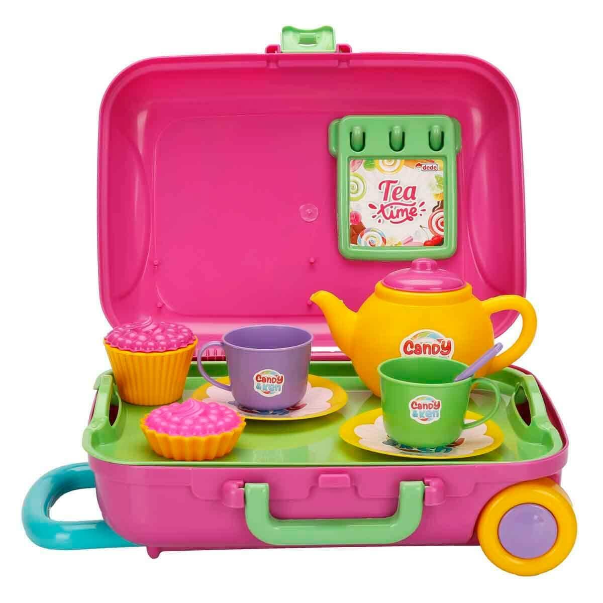 Candy Ve Ken Çay Set Bavulum | 12 Parça Çekçekli Oyuncak Çay Seti | Pembe Valizli Evcilik Oyuncak Seti