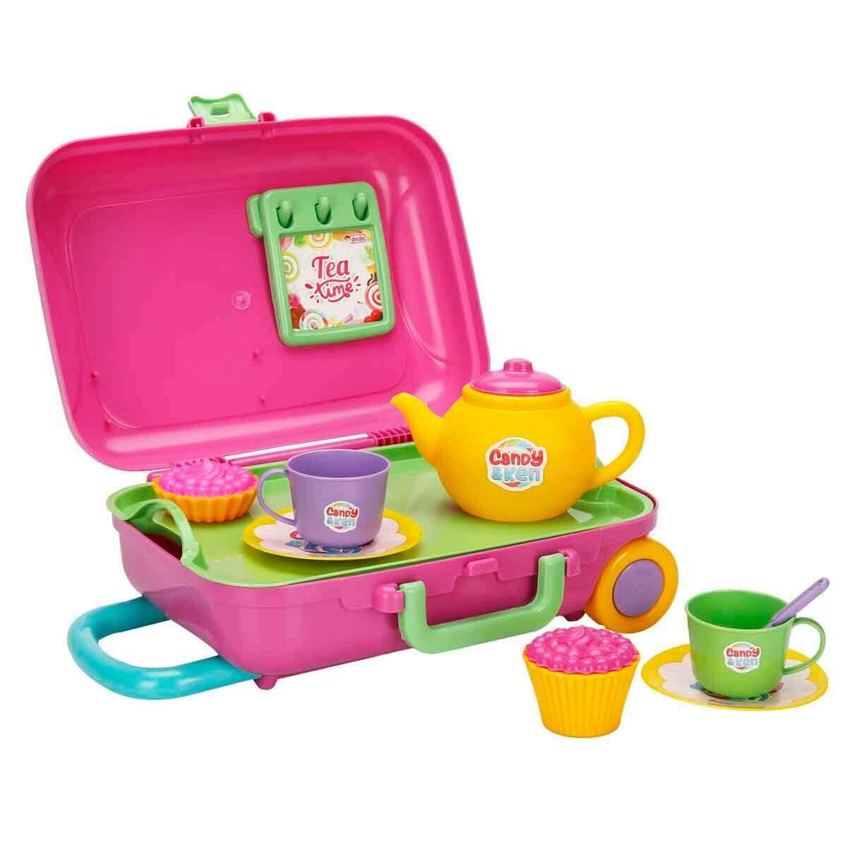 Candy Ve Ken Çay Set Bavulum | 12 Parça Çekçekli Oyuncak Çay Seti | Pembe Valizli Evcilik Oyuncak Seti