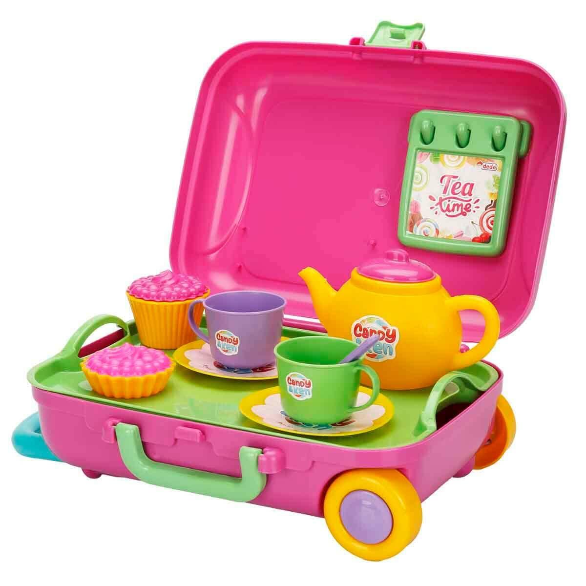 Candy Ve Ken Çay Set Bavulum | 12 Parça Çekçekli Oyuncak Çay Seti | Pembe Valizli Evcilik Oyuncak Seti
