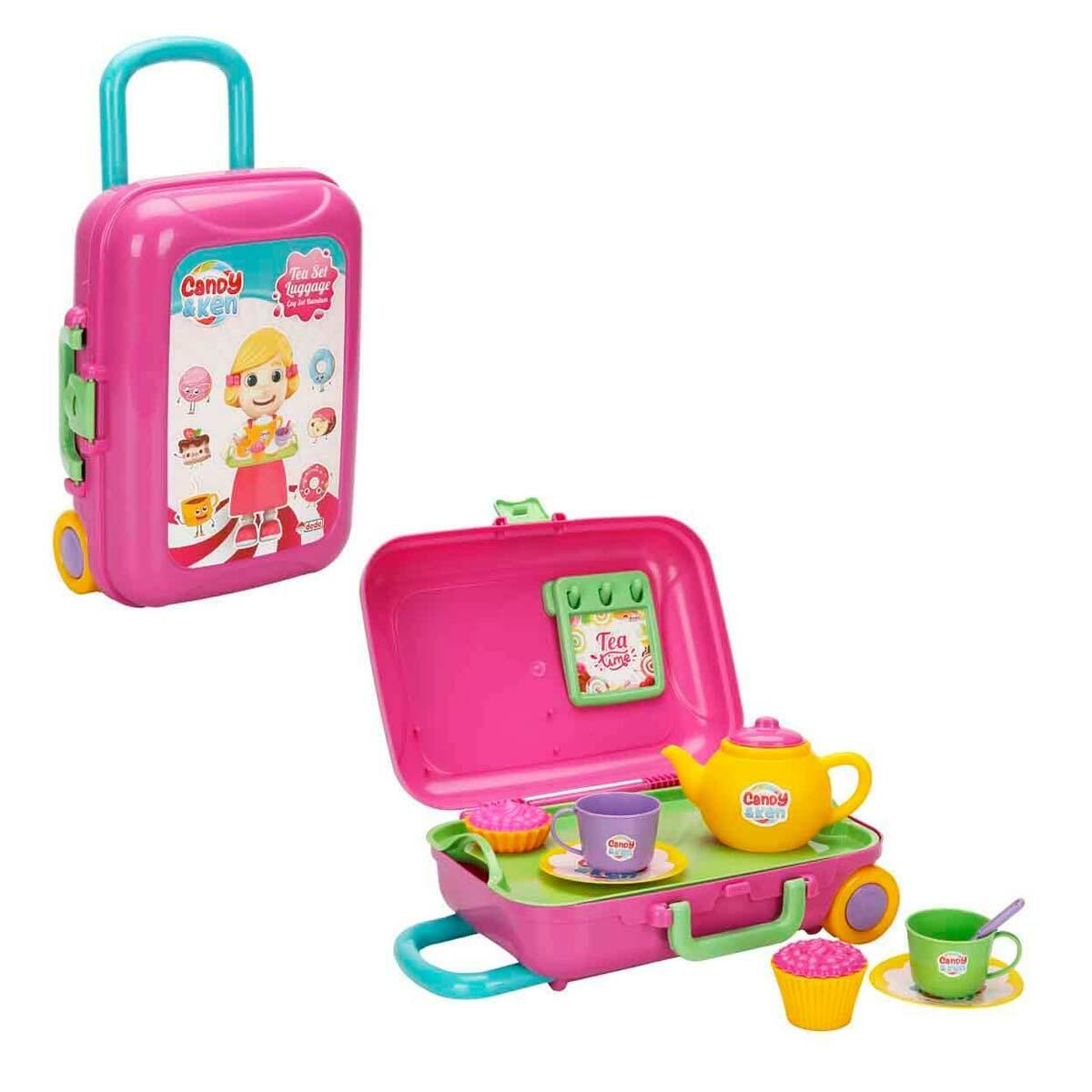 Candy Ve Ken Çay Set Bavulum | 12 Parça Çekçekli Oyuncak Çay Seti | Pembe Valizli Evcilik Oyuncak Seti
