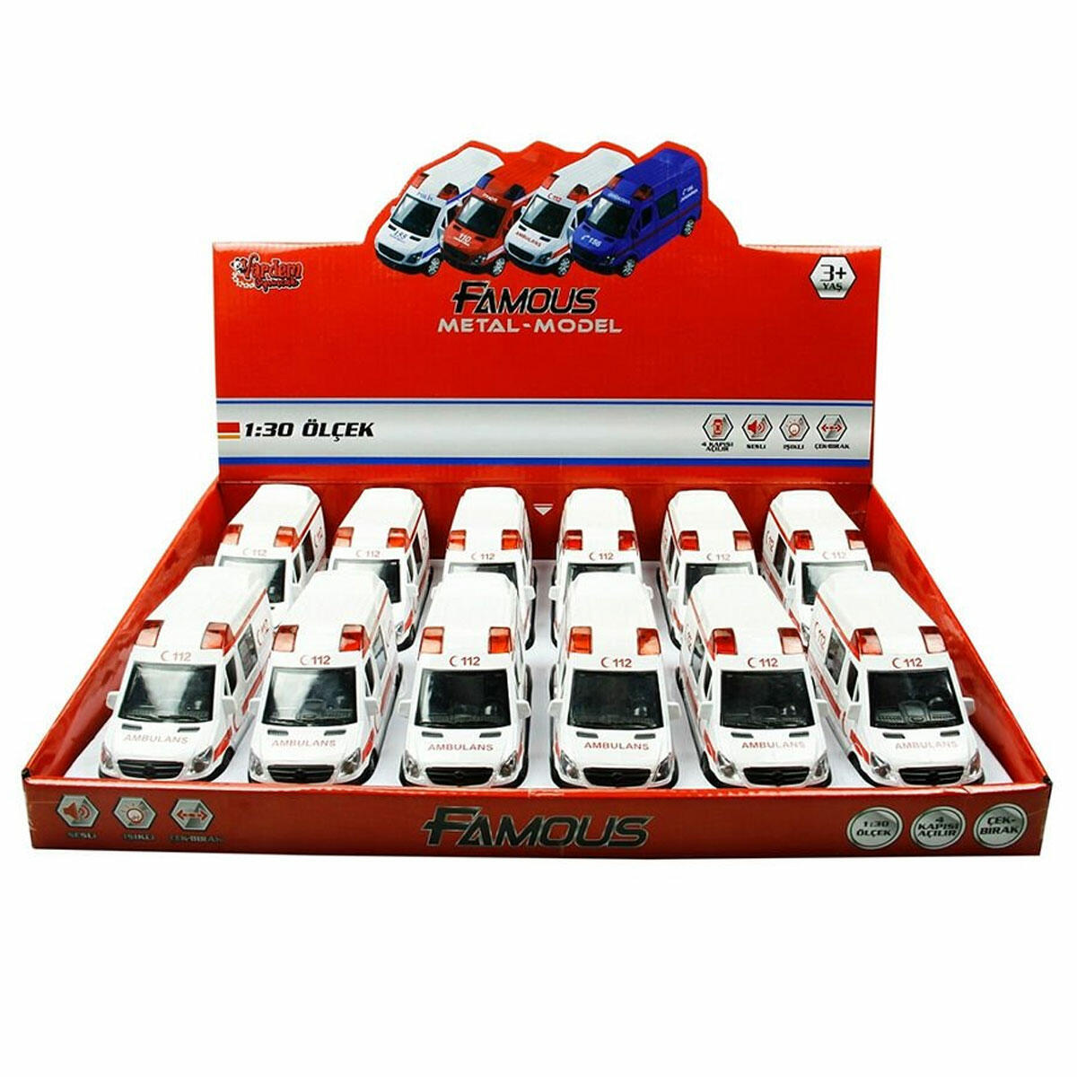 Çekbırak 1:30 Işıklı ve Sesli Metal Ambulans | Kapıları Açılan Diecast Acil Servis Aracı | Dayanıklı Koleksiyon Modeli