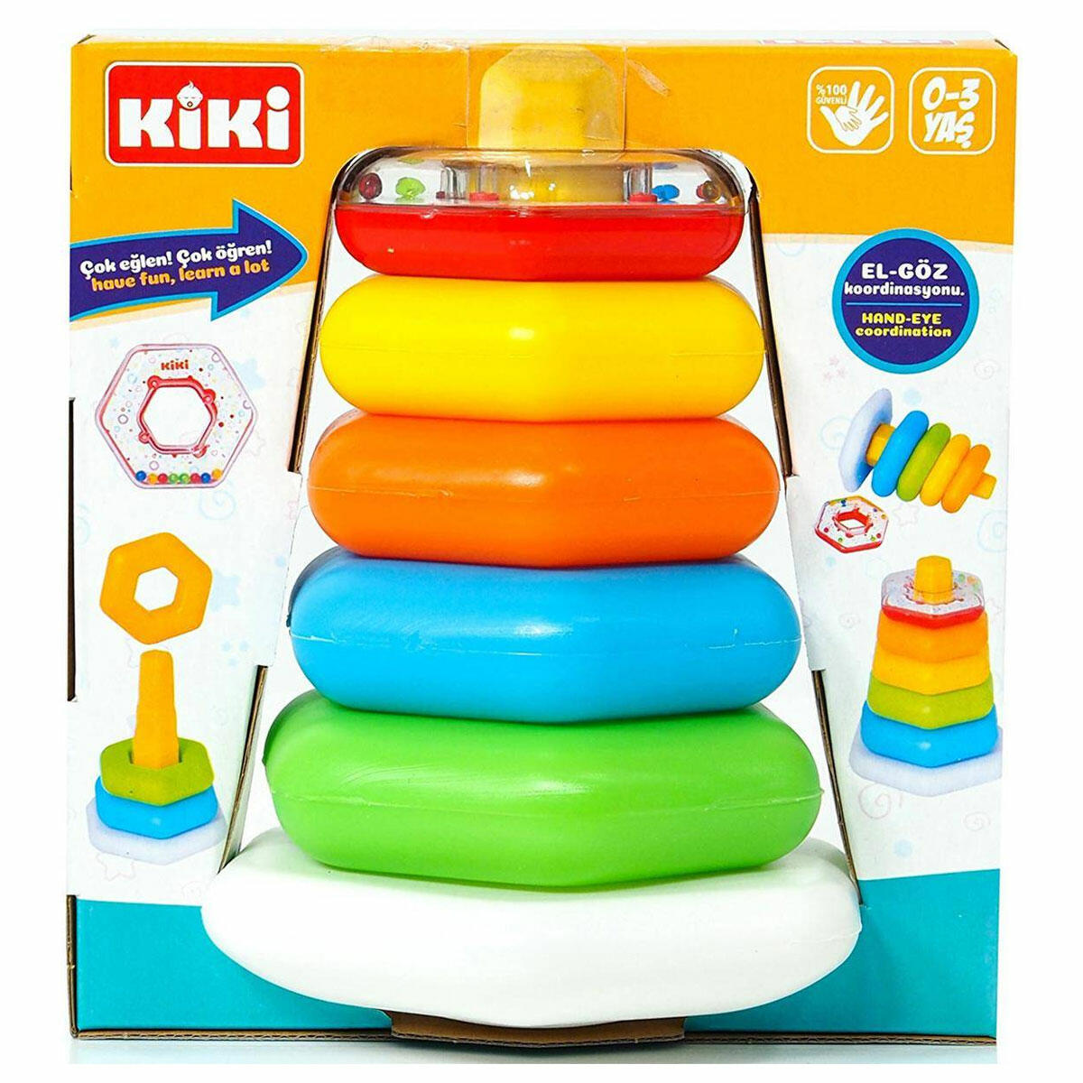 Çıngıraklı Altıgen Halkalar | 5 Parça Sesli ve Eğitici Bebek Dizme Seti | Kiki Yerli Üretim Duyusal Gelişim Oyuncağı