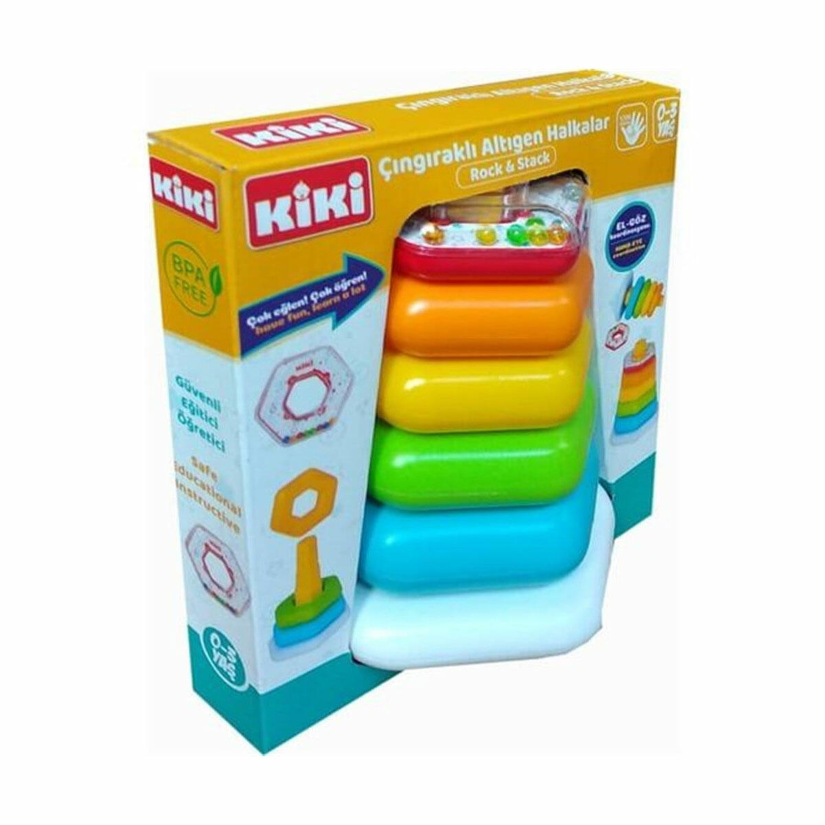 Çıngıraklı Altıgen Halkalar | 5 Parça Sesli ve Eğitici Bebek Dizme Seti | Kiki Yerli Üretim Duyusal Gelişim Oyuncağı